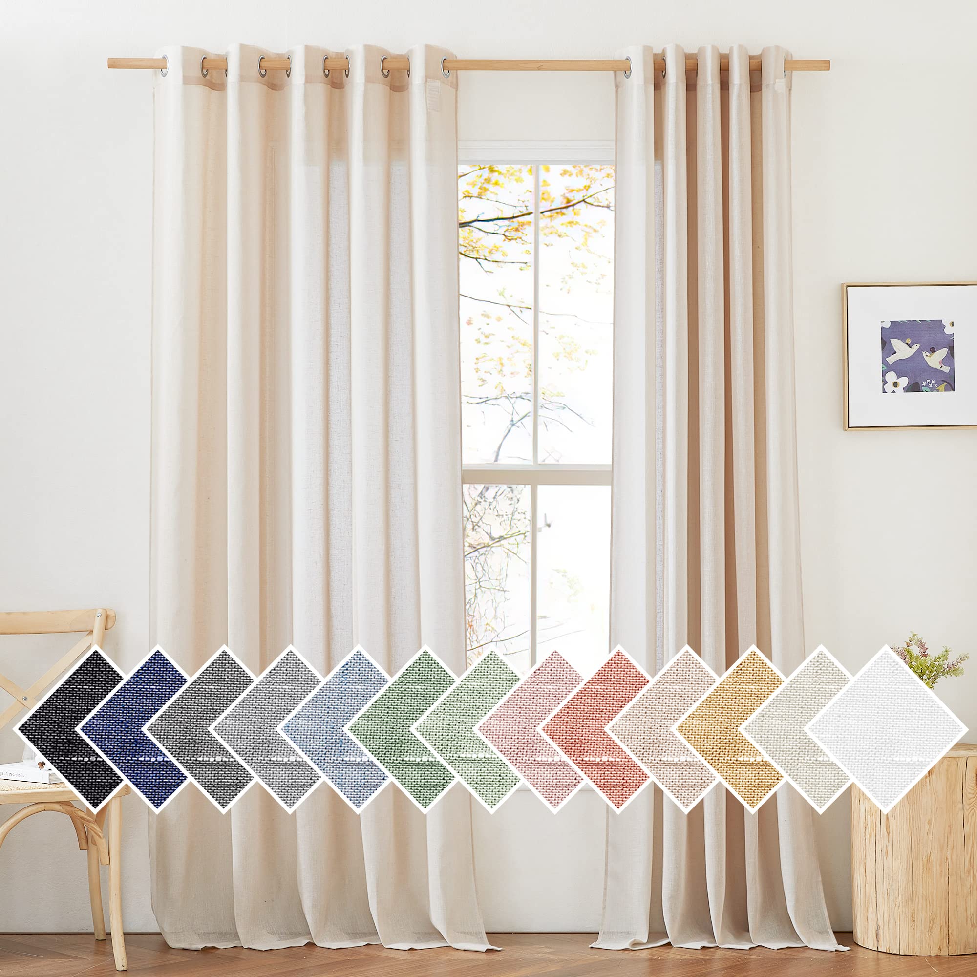 NICETOWN Semi Sheer Linen Curtains for Bedroom 84 inches Long, Grommet Privacy Vertical Farmhouse Window with Light Filtering for Living Room, Natural, W52 x L84, 2 Pieces