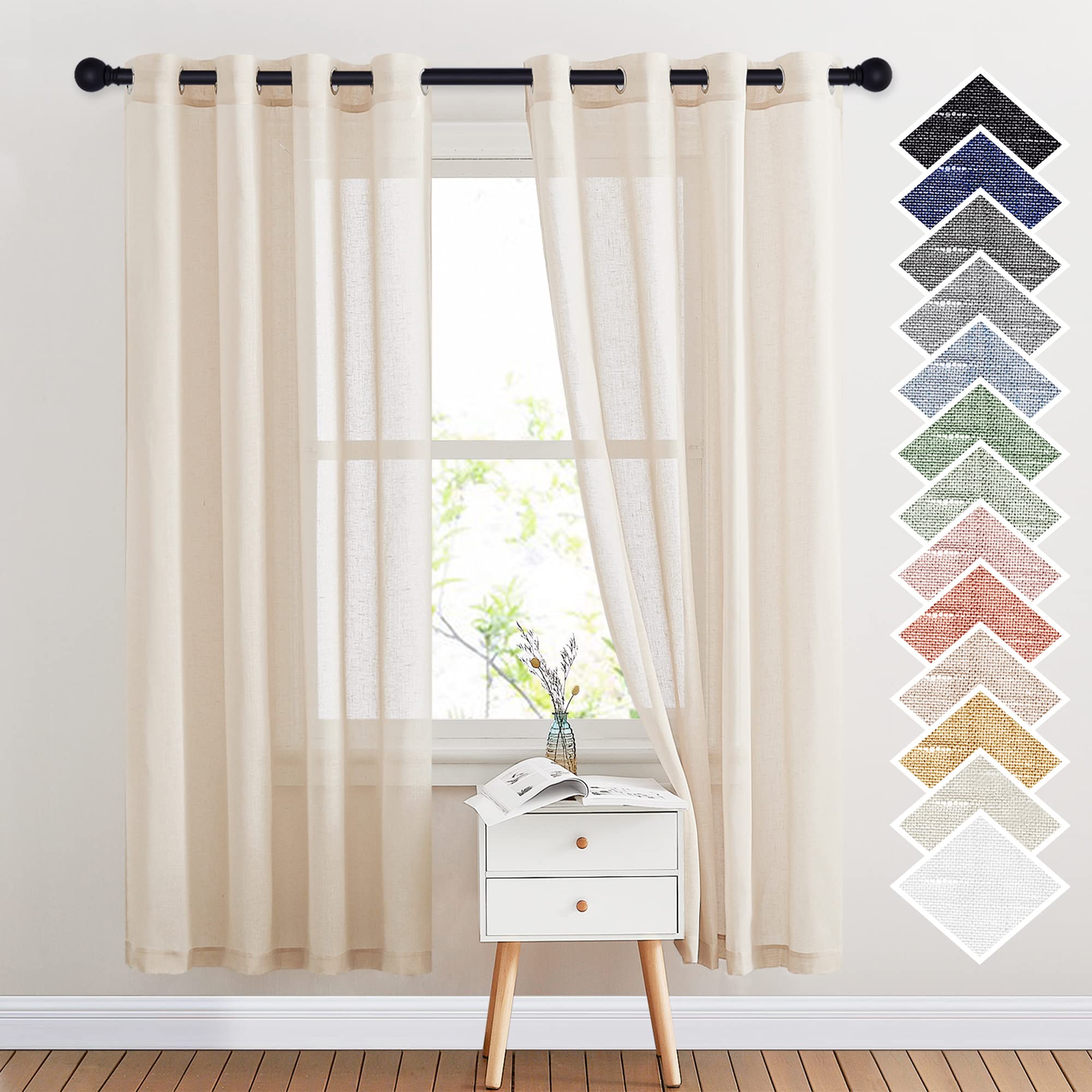 NICETOWN Semi Sheer Linen Curtains for Bedroom 84 inches Long, Grommet Privacy Vertical Farmhouse Window with Light Filtering for Living Room, Natural, W52 x L84, 2 Pieces