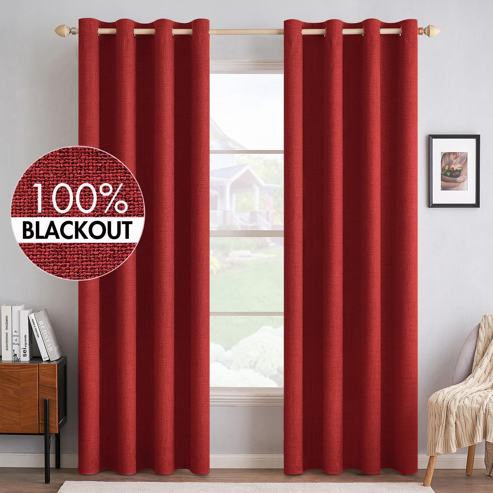 MIULEE 100% Blackout Linen Textured Curtains for Bedroom Solid Thermal Insulated Natural Beige Grommet Room Darkening Curtains & Drapes Luxury Decor for Living Room Nursery 52 x 96 Inch (2 Panels)