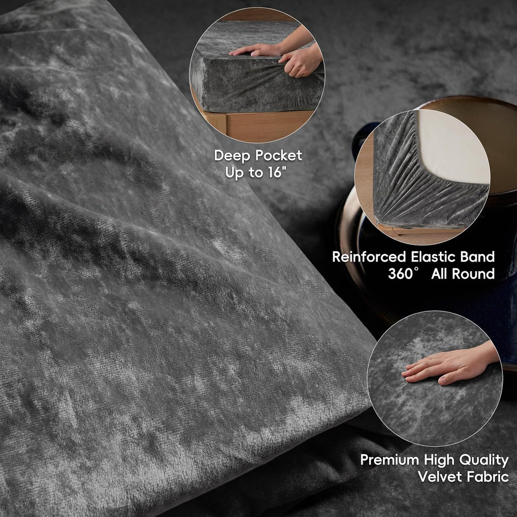 PHF Truly Velvet Fitted Sheet Only Queen Size, Luxury Super Soft Cozy Fuzzy Fleece Bottom Sheet with Deep Pocket Up to 16",Suitable for Fall Winter Spring, No Pillowcases, Charcoal/Dark Grey