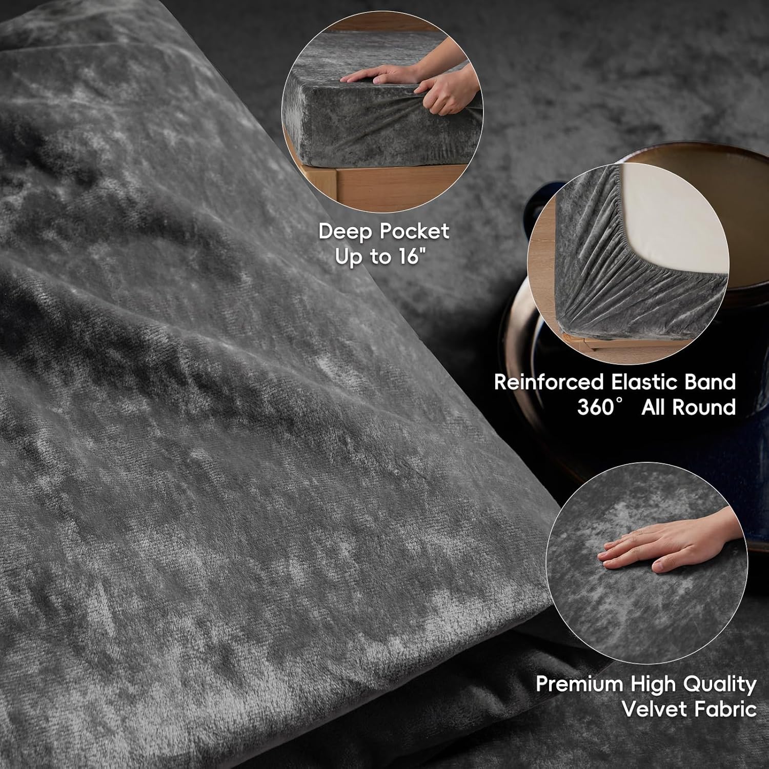 PHF Truly Velvet Fitted Sheet Only Queen Size, Luxury Super Soft Cozy Fuzzy Fleece Bottom Sheet with Deep Pocket Up to 16",Suitable for Fall Winter Spring, No Pillowcases, Charcoal/Dark Grey