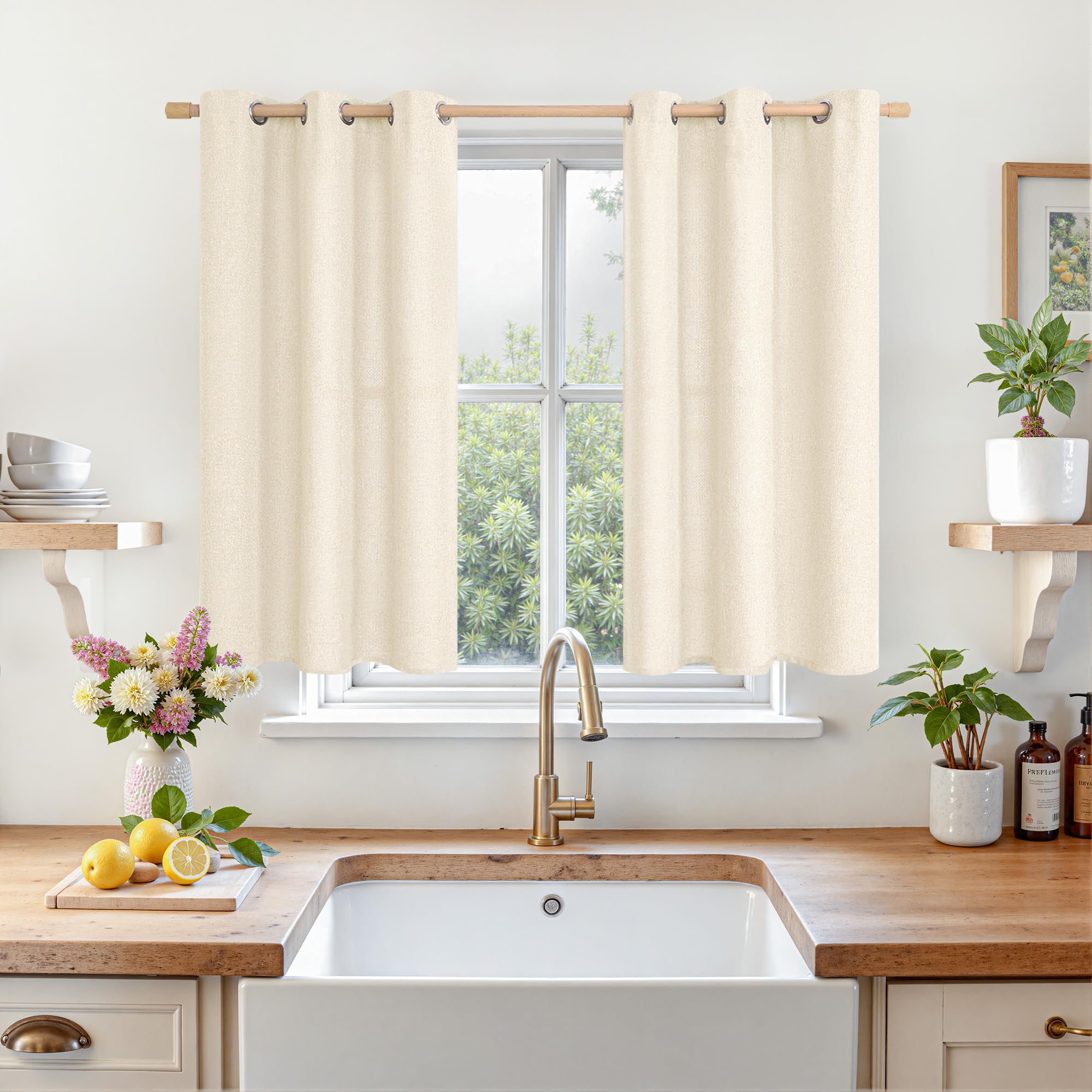 LAMIT Linen Curtains 84 inch Length 2 Panels, Grommet Thick Soft Light Filtering Curtains Privacy Living Room Window Drapes for Bedroom/Farmhouse, W52 x L84, Natural Beige