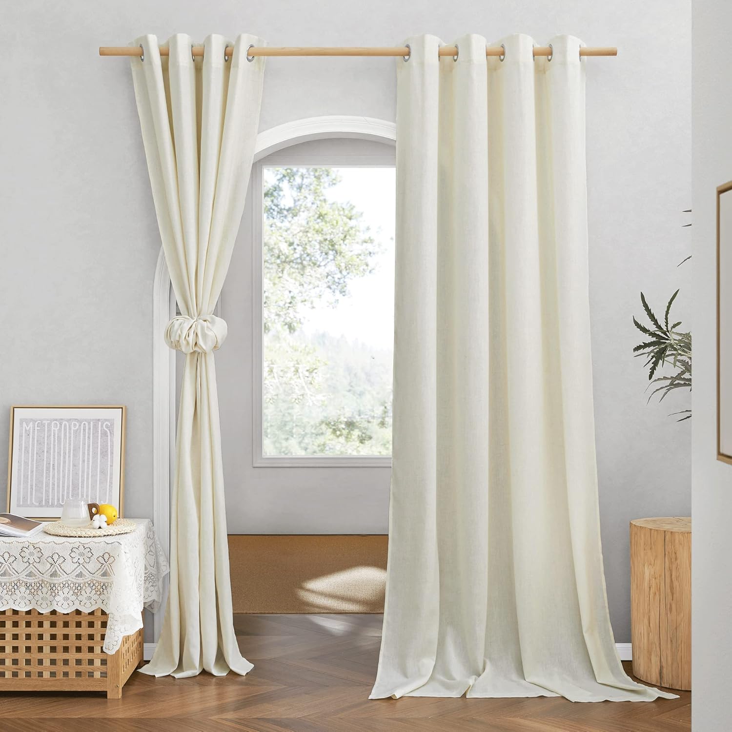 NICETOWN Natural Linen Curtains 84 inch Long 2 Panels Set, Grommet Top Thick Linen Burlap Semi Sheer Vertical Drapes Privacy Assured with Light Filtering for Bedroom/Living Room, W55 x L84