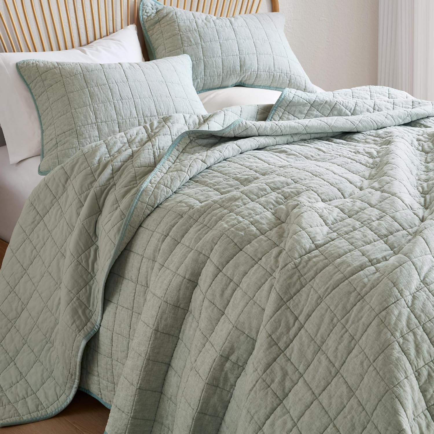 Hyde Lane Linen Quilt Set Queen Size - Breathable Box Stitched European Flax Bedding Set for Bedspread and Coverlet, with 2 Pillow Shams, 90"x96", Linen
