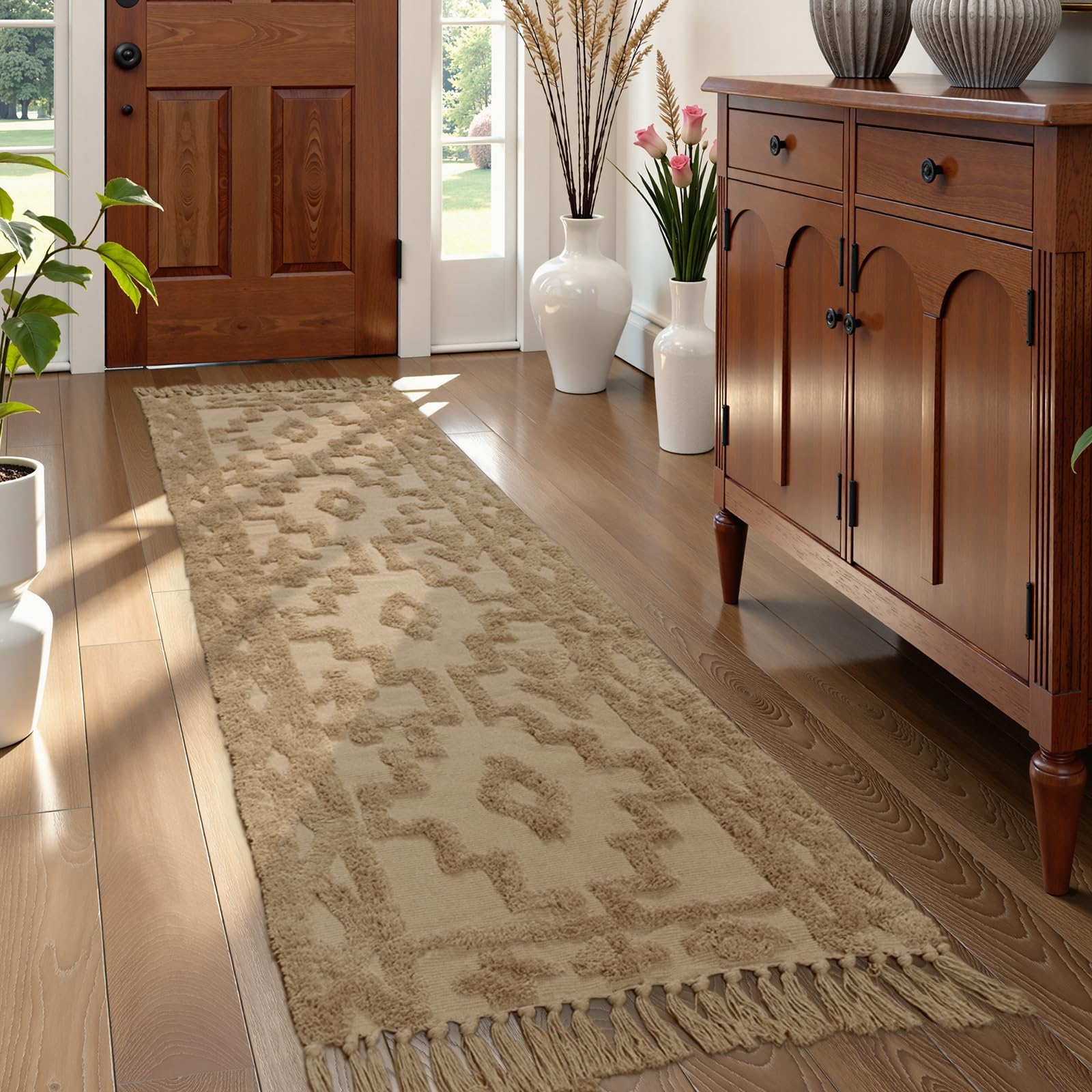 Uphome Boho Hallway Runner Rug 2'x 6', Beige Cotton Washable Kitchen Rug Runners with Tassels, Hand Woven Western Entryway Runner Rugs, Morrocan Accent Throw Carpet for Hallways Bedroom Bathroom