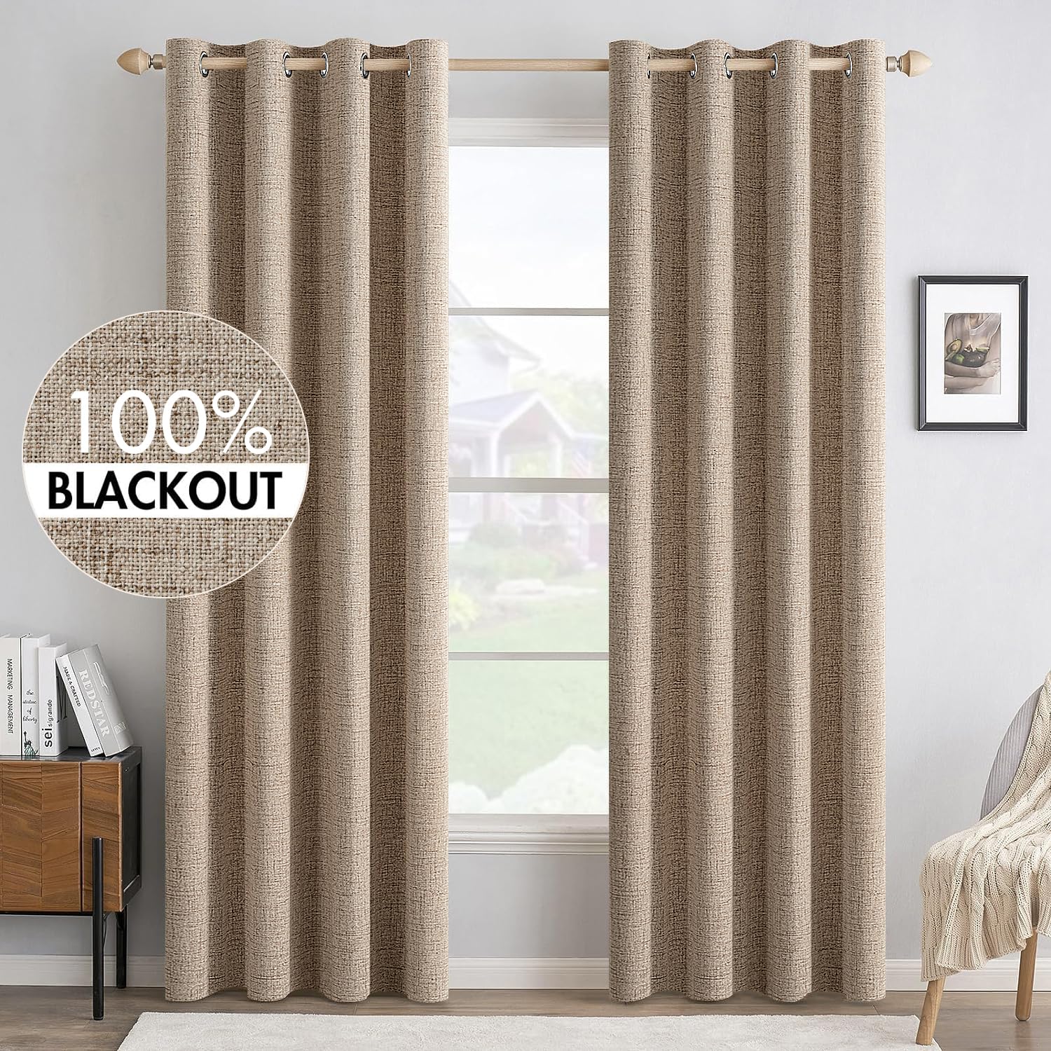 MIULEE 100% Blackout Linen Textured Curtains for Bedroom Solid Thermal Insulated Natural Beige Grommet Room Darkening Curtains & Drapes Luxury Decor for Living Room Nursery 52 x 96 Inch (2 Panels)