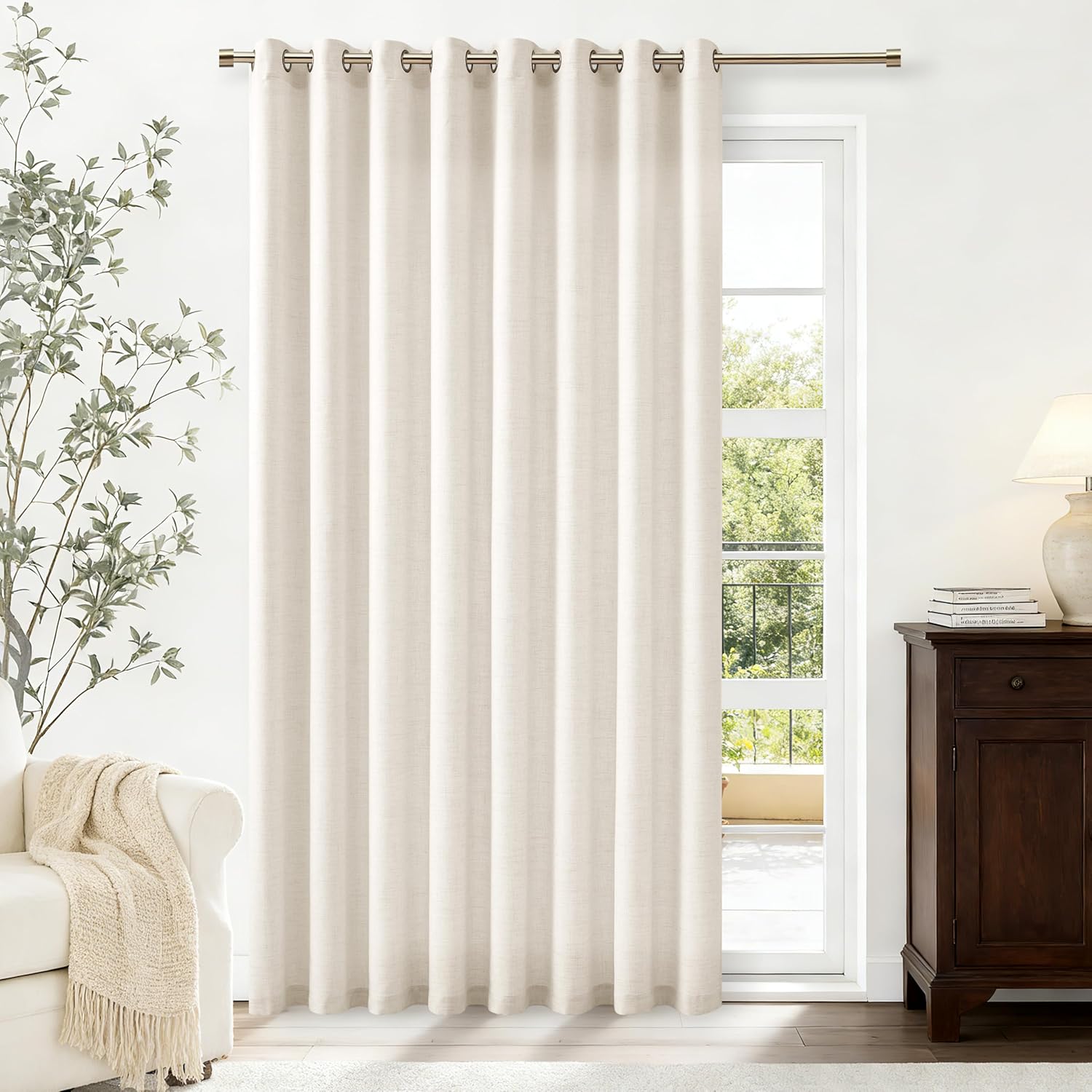 Natural Linen Curtains 96 Inches Long 2 Panels Bronze Grommet Curtain Burlap Ivory Cream Colored Light Filtering Semi Sheer Drapes Thick Linen Blend Floor to Ceiling Length Living Room 8ft