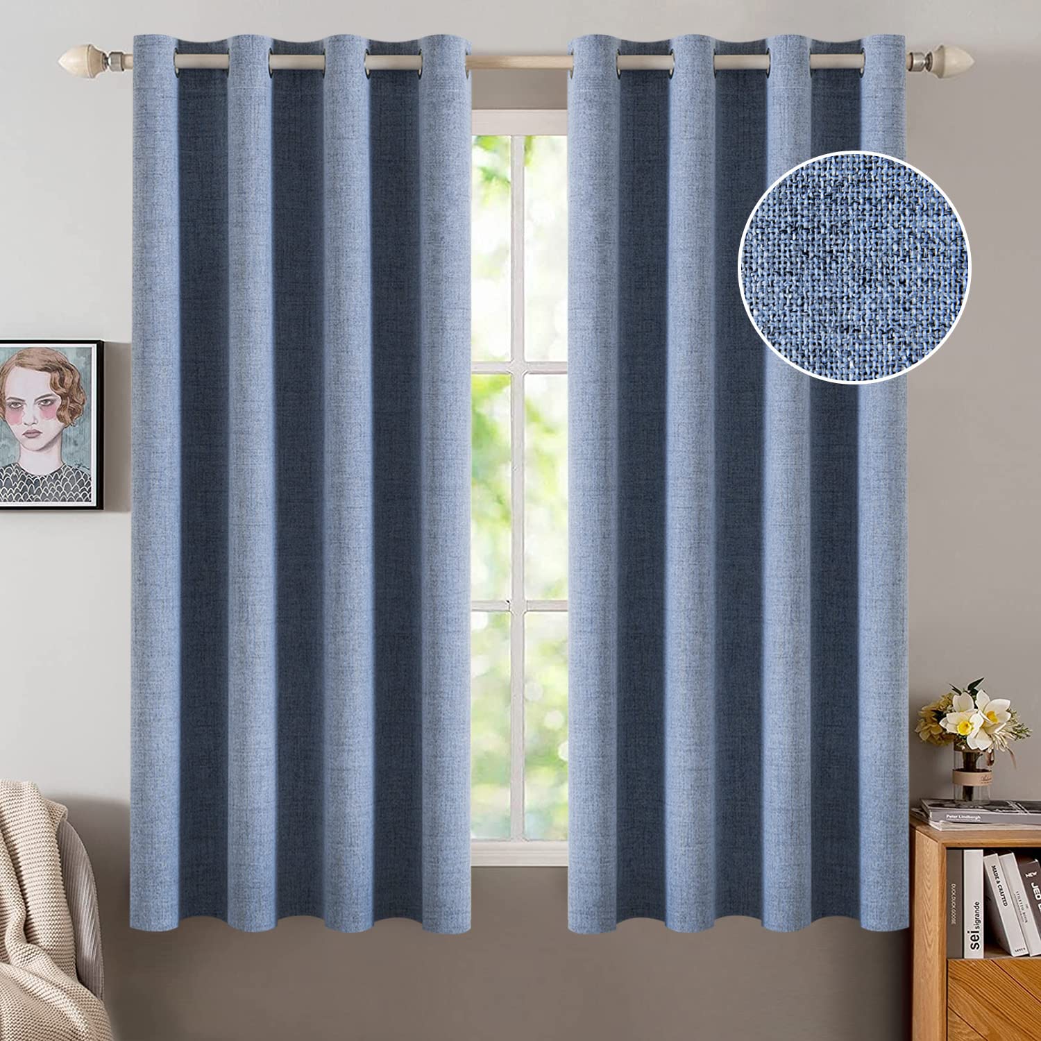 MIULEE 100% Blackout Linen Textured Curtains for Bedroom Solid Thermal Insulated Cream Grommet Room Darkening Curtains & Drapes Luxury Decor for Living Room Nursery 52 x 84 Inch (2 Panels)