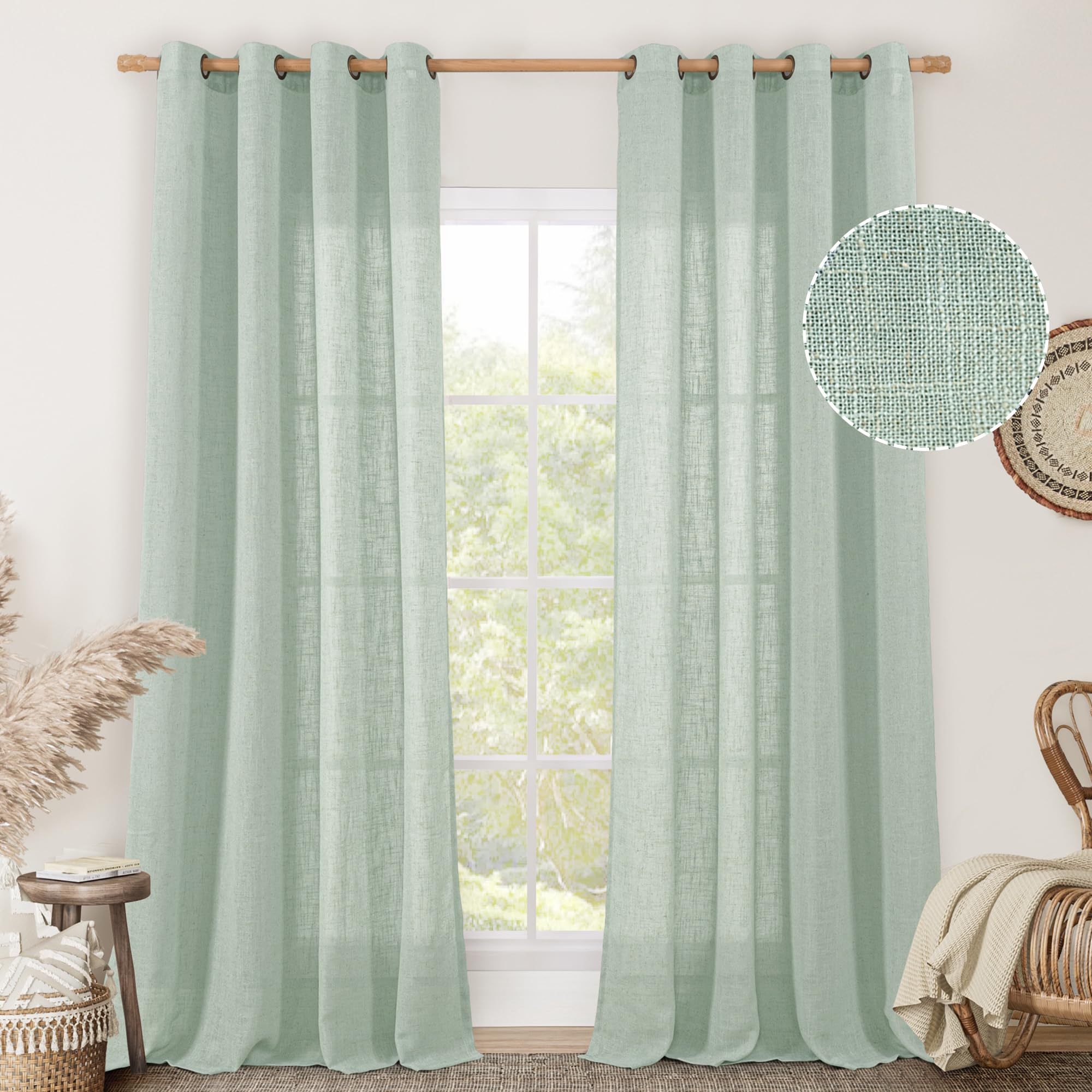 LAMIT Natural Ivory Linen Semi Sheer Curtains 84 inch Length, Cream Light Filtering Soft Thick Neutral Living Room Drapes with Bronze Grommet for Bedroom/Farmhouse, 2 Panels, 52 x 84 Inch