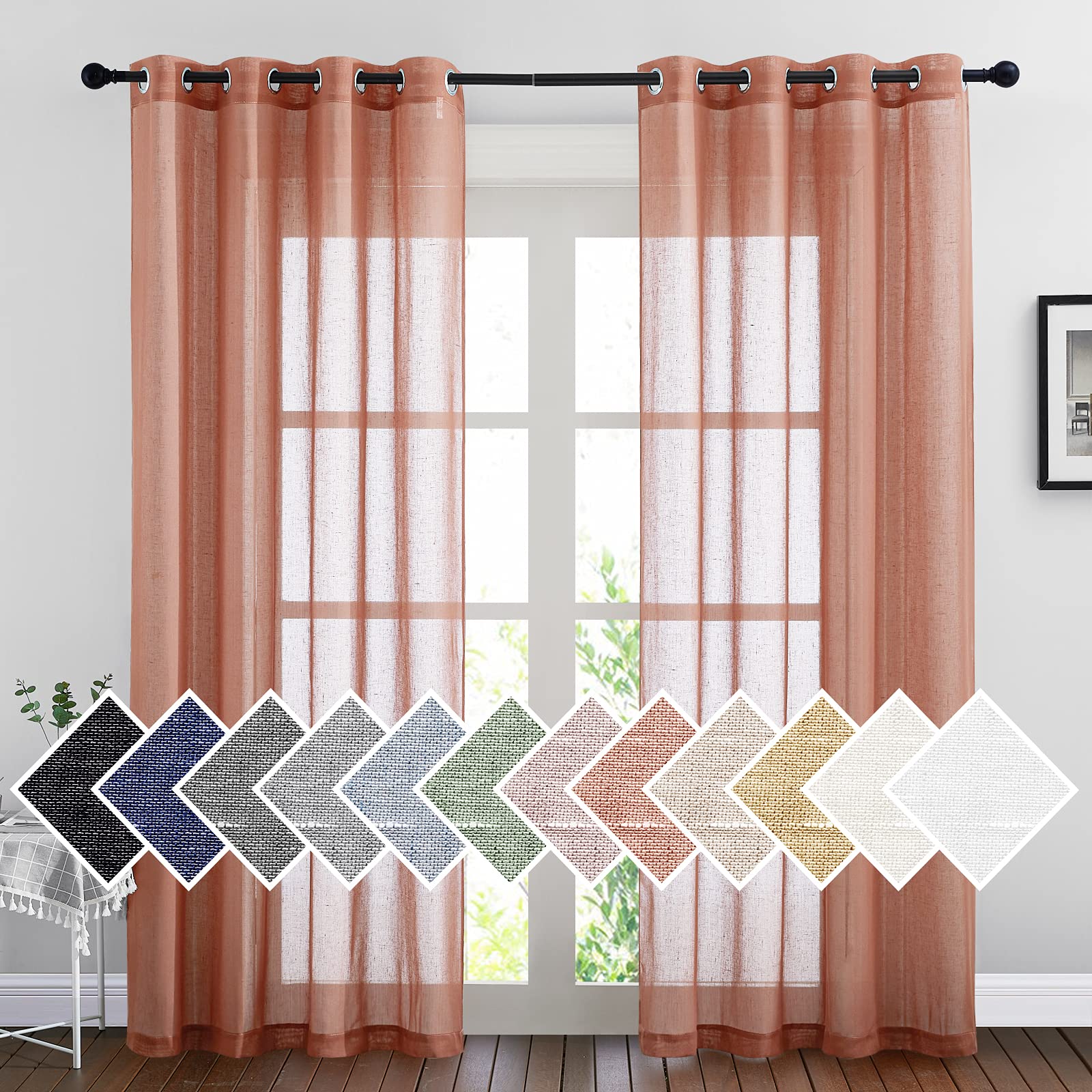 NICETOWN Semi Sheer Linen Curtains for Bedroom 84 inches Long, Grommet Privacy Vertical Farmhouse Window with Light Filtering for Living Room, Natural, W52 x L84, 2 Pieces