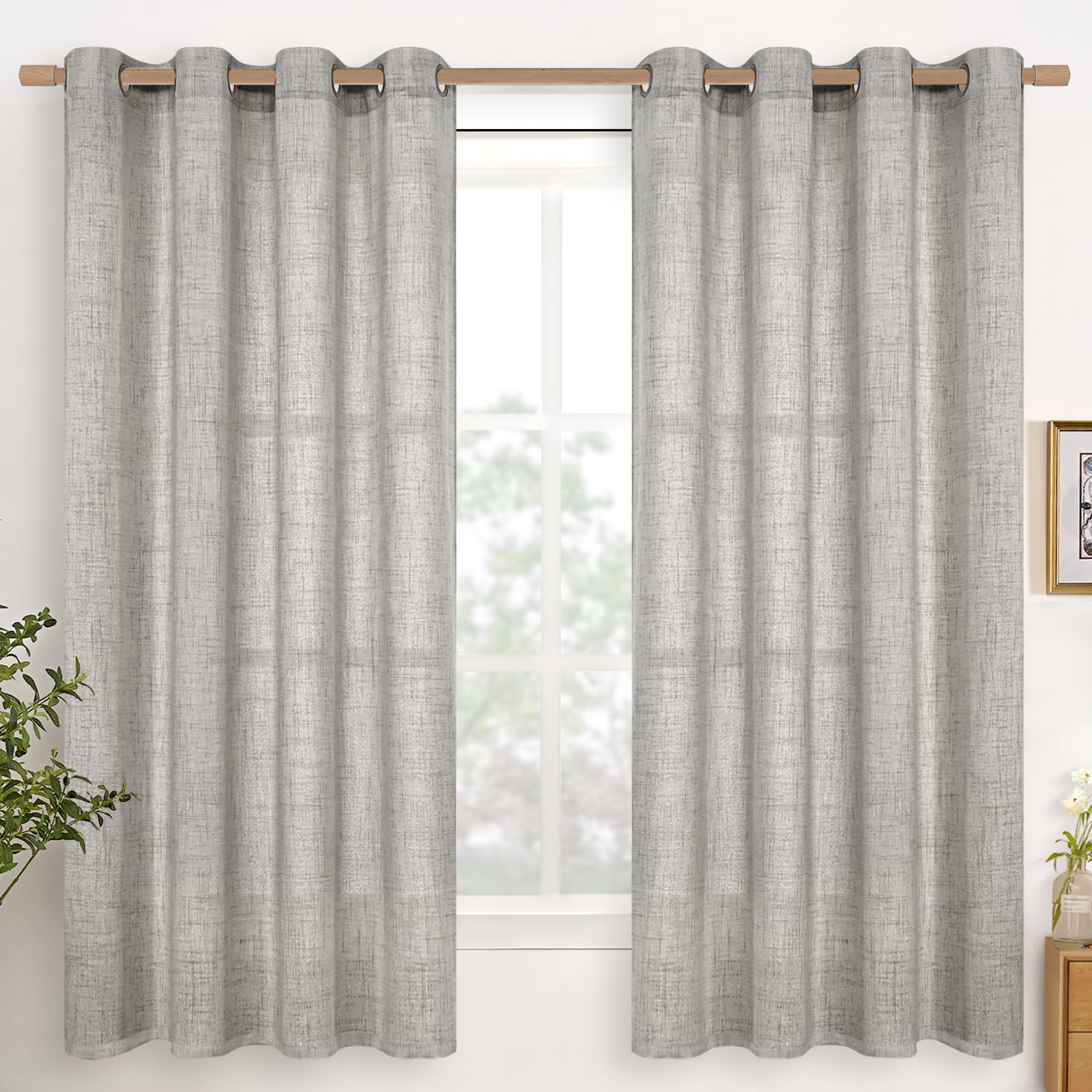 YoungsTex Linen Semi Sheer Curtains 63 Inch Length 2 Panels for Living Room - Light Filtering Drapes with Bronze Grommet Beige Window Treatments for Country Office Bedroom, 52 X 63 Inch