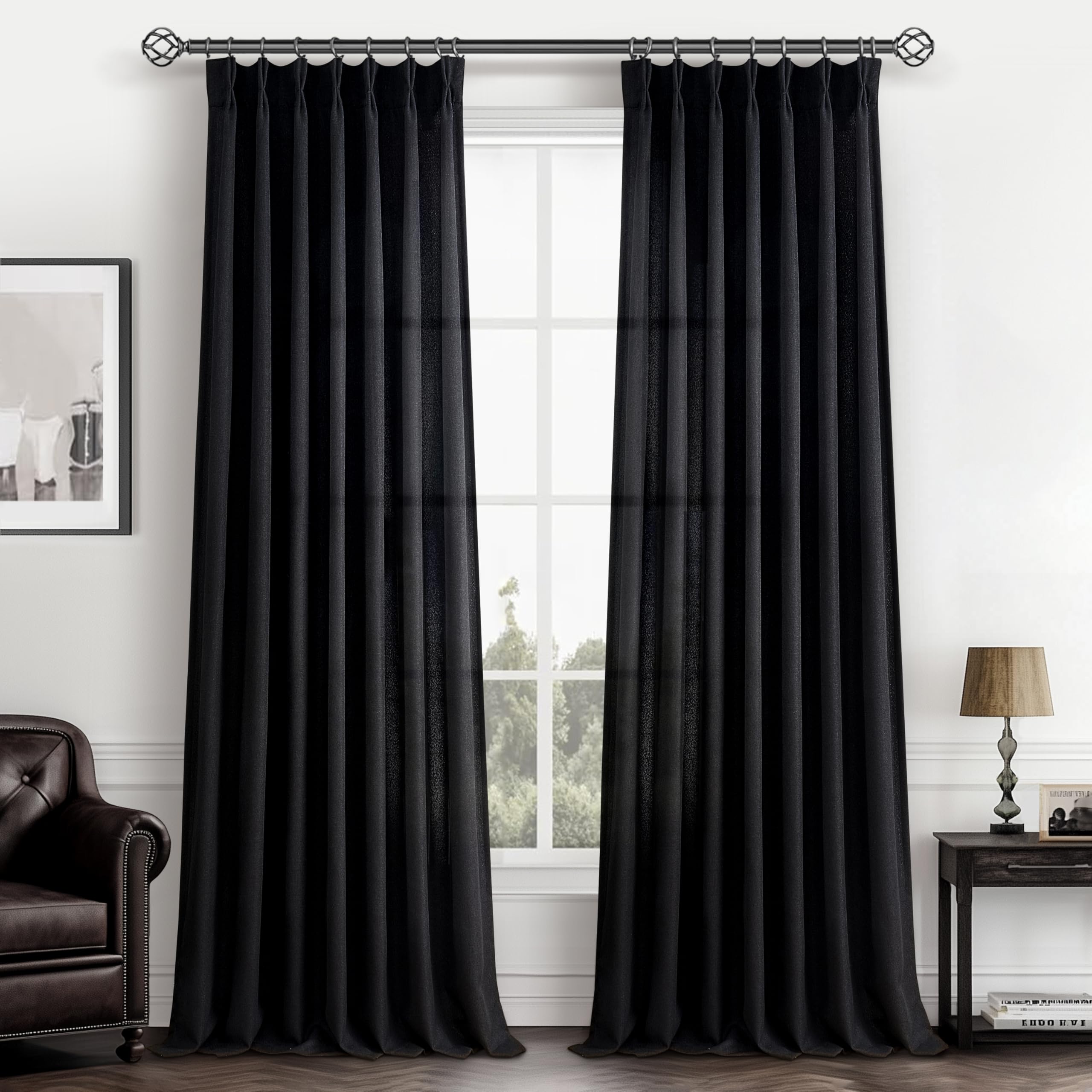 Pinch Pleated Linen Curtains 96 Inches Long for Living Room Bedroom, Light Filtering Boho Window Drape 96 inch 2 Panels Burgs with Hooks&Rings 8ft Cream Birch Sliding Glass Door Sheer Curtain Decor