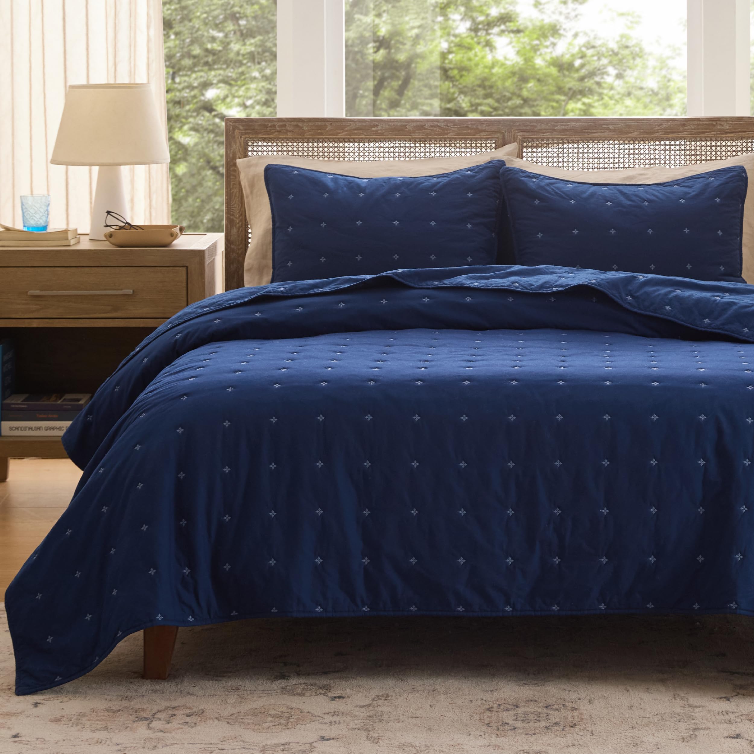 Bedsure 100% Cotton Quilt Set - Queen Size Bedspread, Lightweight Soft Bed Coverlet, PureWoven, 3-Piece Cozy Stitching Comforter with 2 Pillow Shams in Embroidery Clover Pattern, 90x96 in, Linen Beige