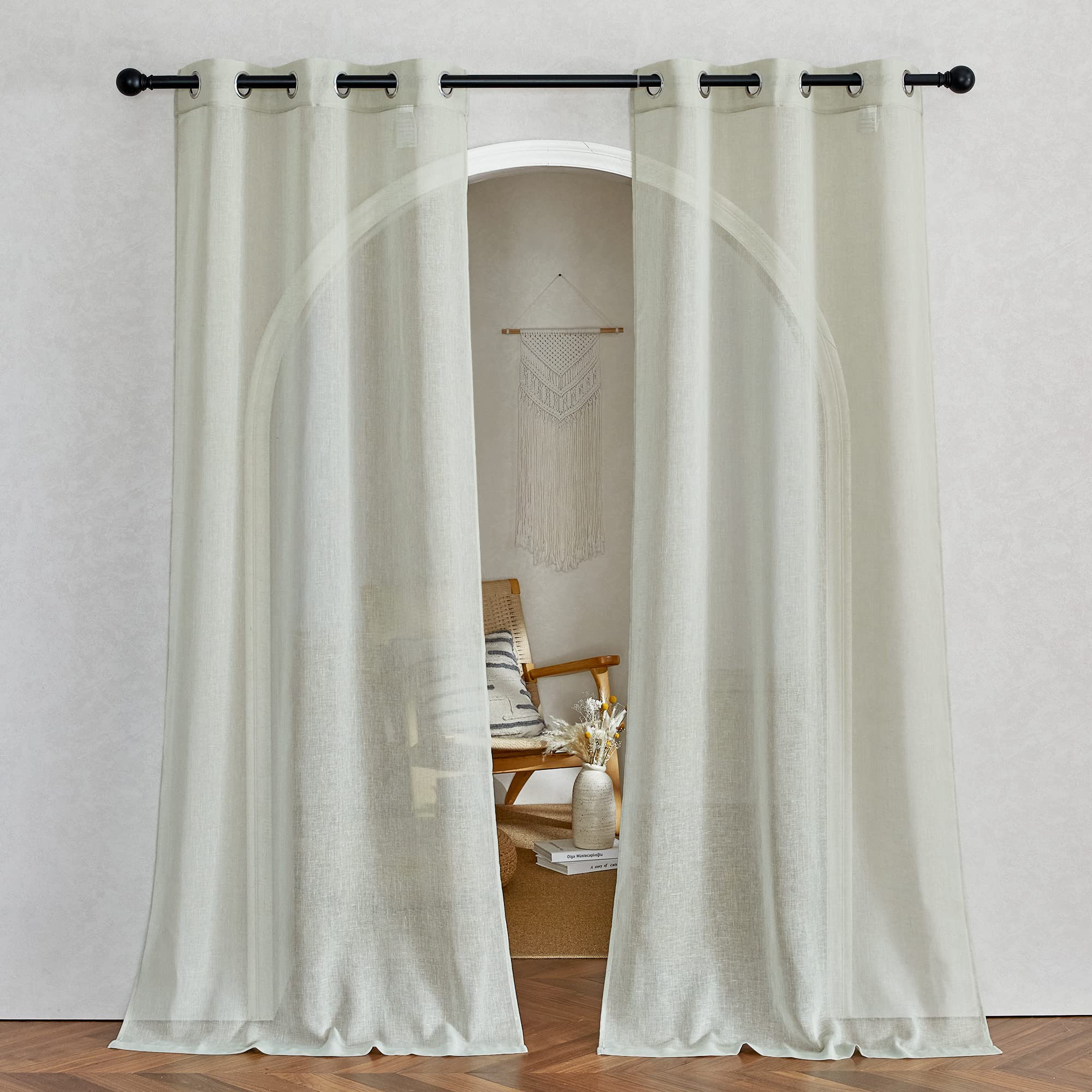 NICETOWN Semi Sheer Linen Curtains for Bedroom 84 inches Long, Grommet Privacy Vertical Farmhouse Window with Light Filtering for Living Room, Natural, W52 x L84, 2 Pieces
