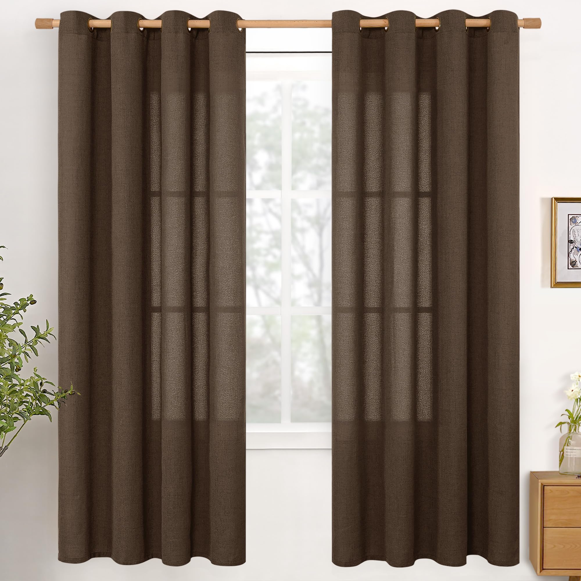 YoungsTex Linen Semi Sheer Curtains 63 Inch Length 2 Panels for Living Room - Light Filtering Drapes with Bronze Grommet Beige Window Treatments for Country Office Bedroom, 52 X 63 Inch