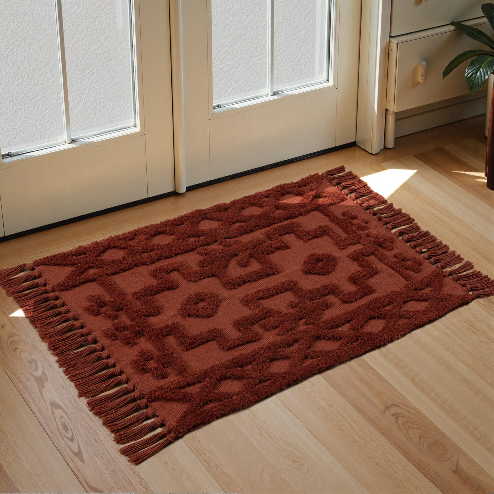 Uphome Boho Hallway Runner Rug 2'x 6', Beige Cotton Washable Kitchen Rug Runners with Tassels, Hand Woven Western Entryway Runner Rugs, Morrocan Accent Throw Carpet for Hallways Bedroom Bathroom