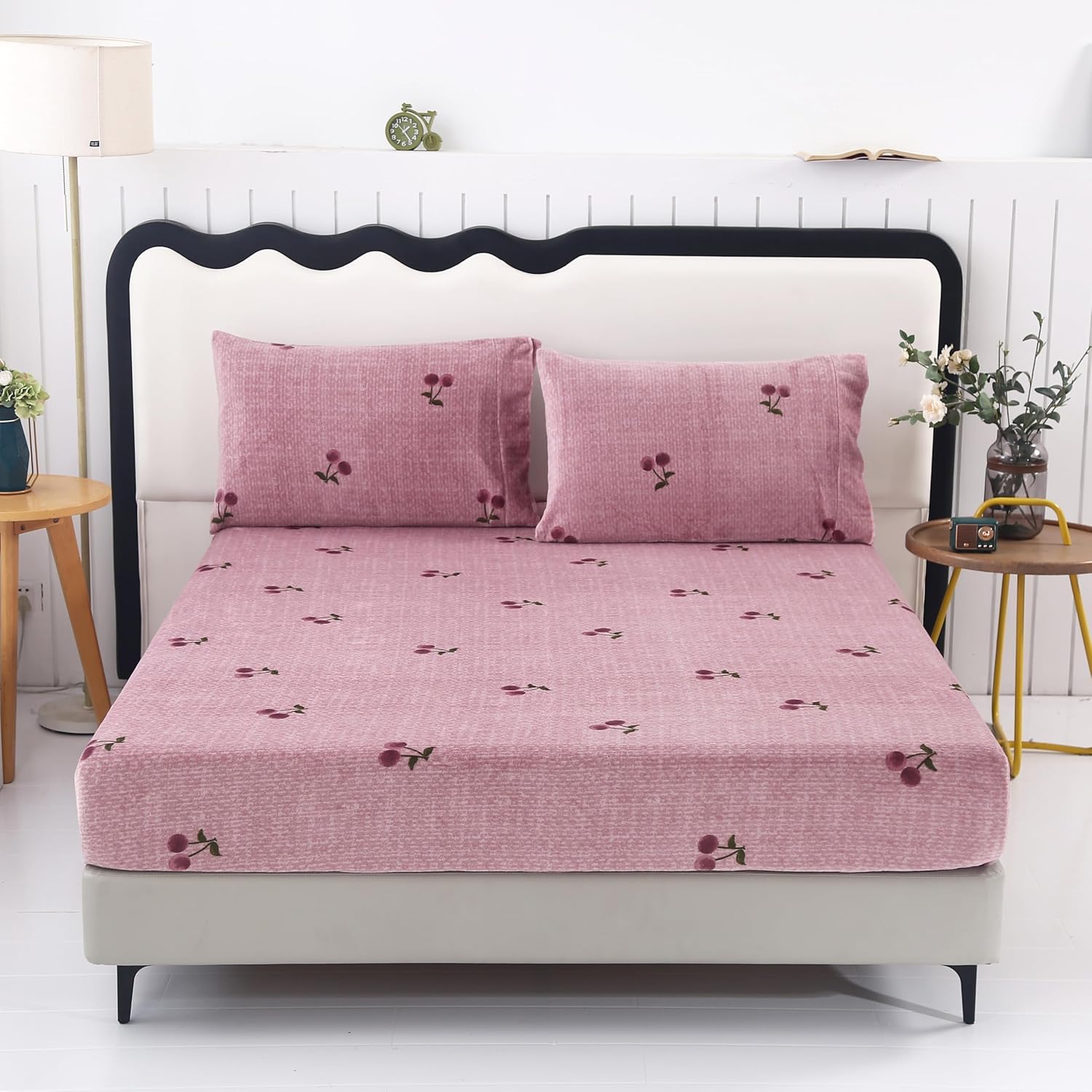 MAG 3Pcs Fleece Fitted Sheet Twin Size with Pink Cherry Pattern, Super Cute Fluffy Warm Bottom Sheets for Kids,Girls,included1*Fitted Sheet and 2*Pillowcases.