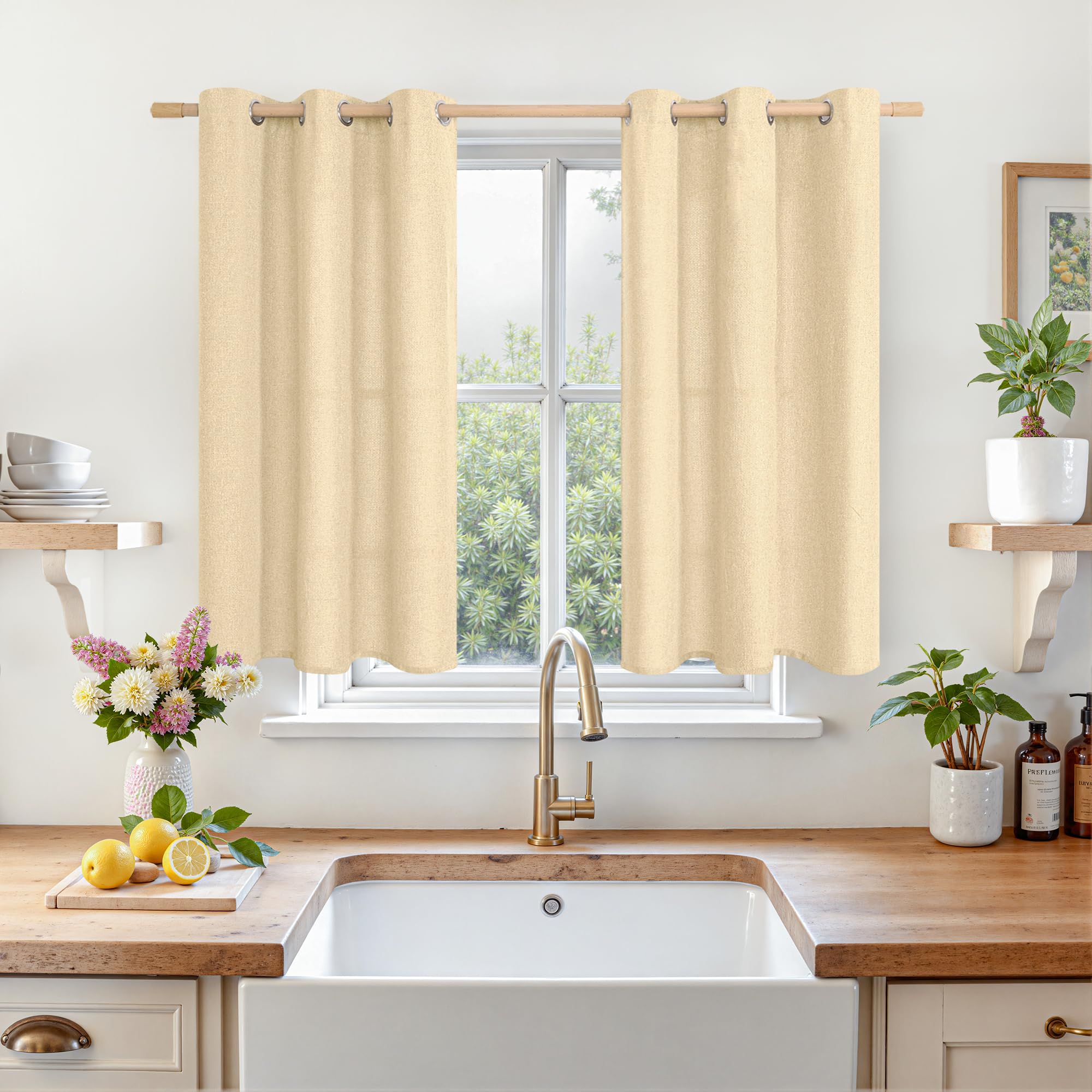 LAMIT Linen Curtains 84 inch Length 2 Panels, Grommet Thick Soft Light Filtering Curtains Privacy Living Room Window Drapes for Bedroom/Farmhouse, W52 x L84, Natural Beige