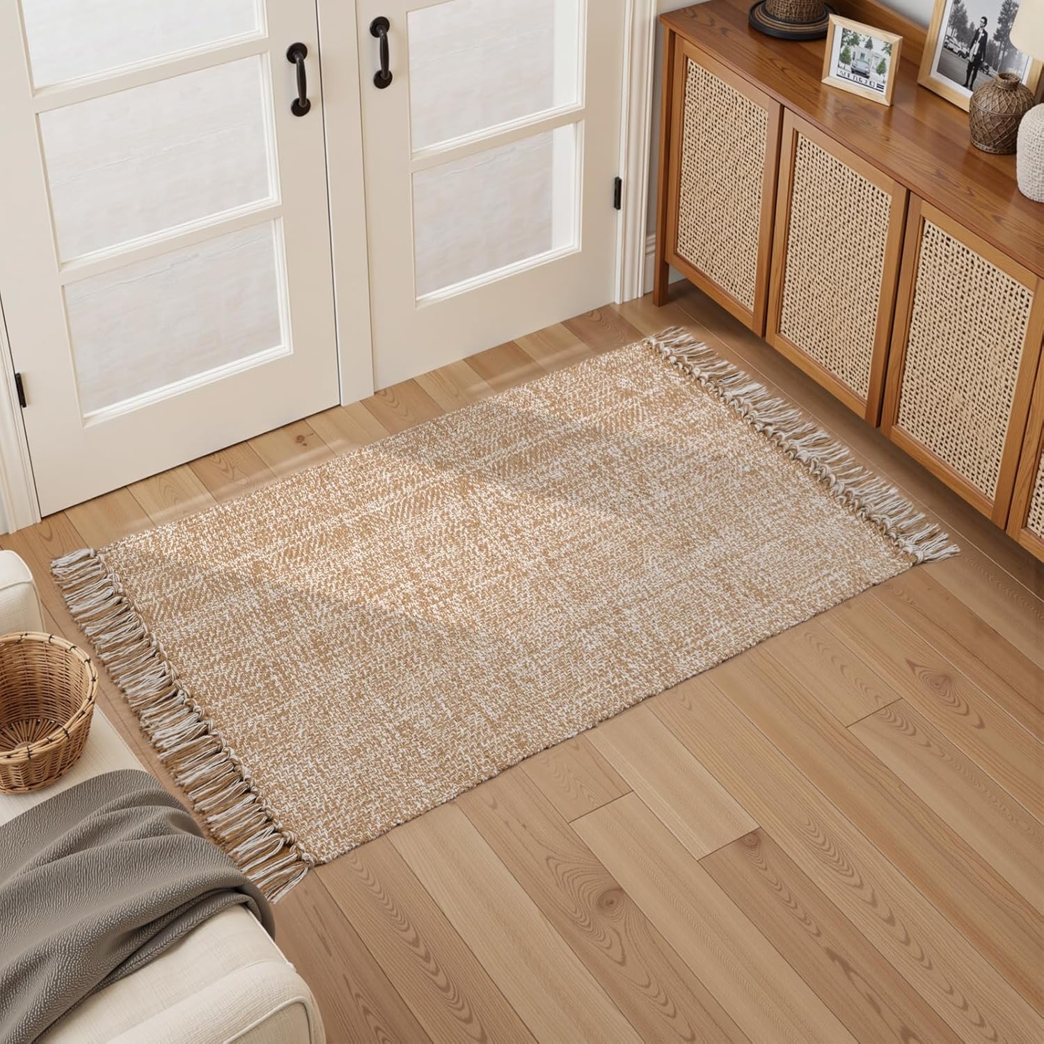 Collive 4x6 Area Rug, Natural/Black Woven Cotton Washable Modern Bedroom Rugs, Boho Dining Room Door Rug Carpet with Tassel for Living Room Nursery Room Office, Outdoor Rug for Patio Hallway Decor