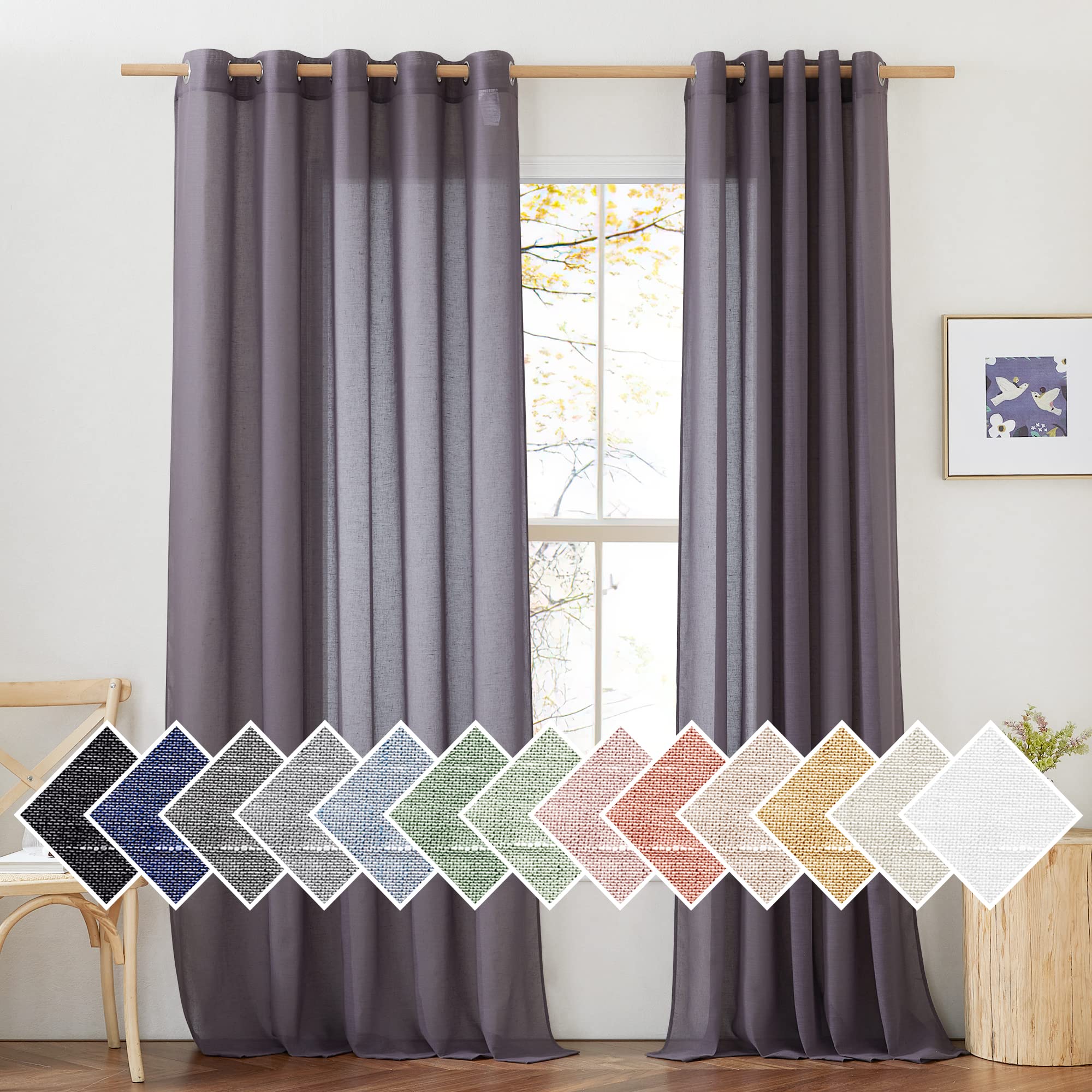 NICETOWN Semi Sheer Linen Curtains for Bedroom 84 inches Long, Grommet Privacy Vertical Farmhouse Window with Light Filtering for Living Room, Natural, W52 x L84, 2 Pieces