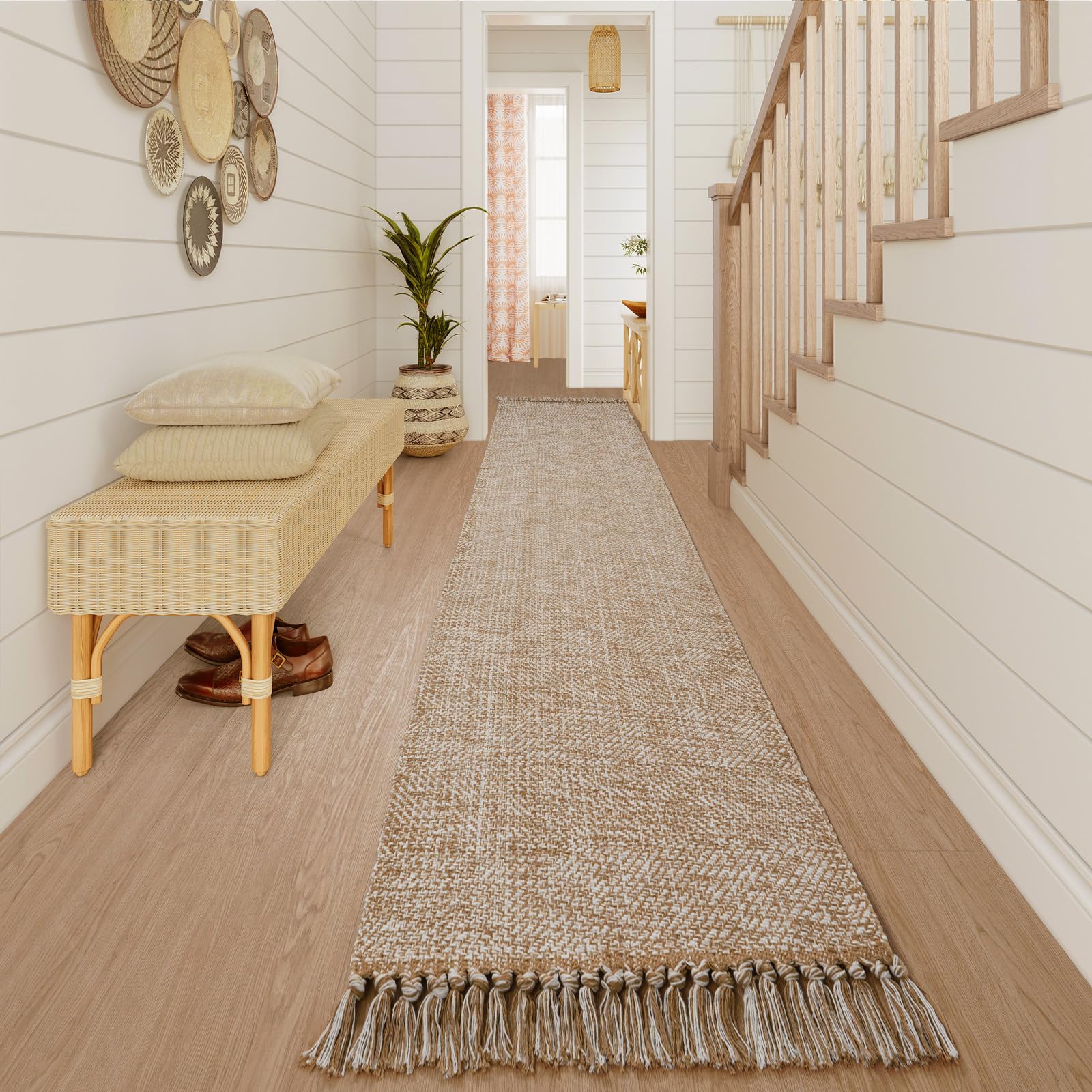 Collive Washable Area Rug 3' x 5', Modern Farmhouse Woven Kitchen Rugs, Tan/Cream Indoor Outddor Mat Braided Throw Carpet for Entryway Bedroom Nursery Laundry Living Room