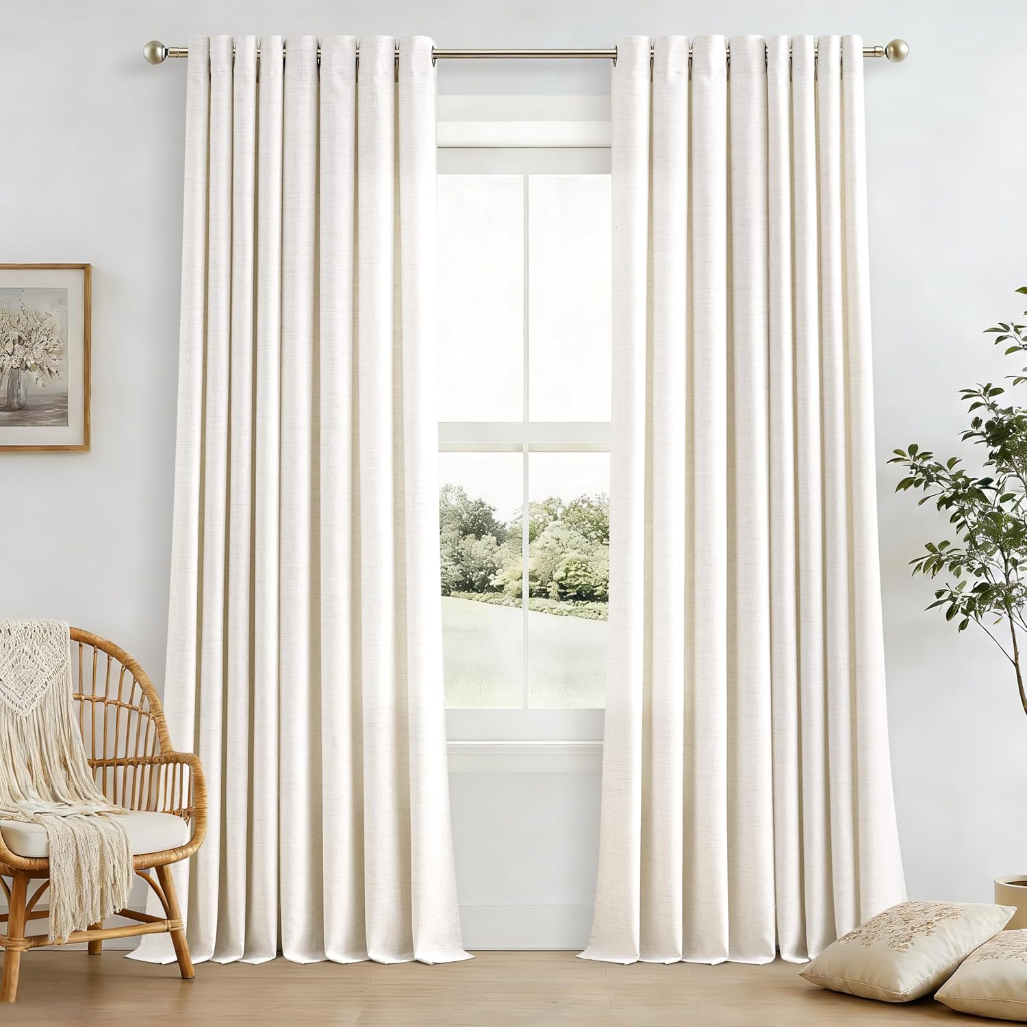 Natural Linen Curtains 96 Inches Long 2 Panels Bronze Grommet Curtain Burlap Ivory Cream Colored Light Filtering Semi Sheer Drapes Thick Linen Blend Floor to Ceiling Length Living Room 8ft