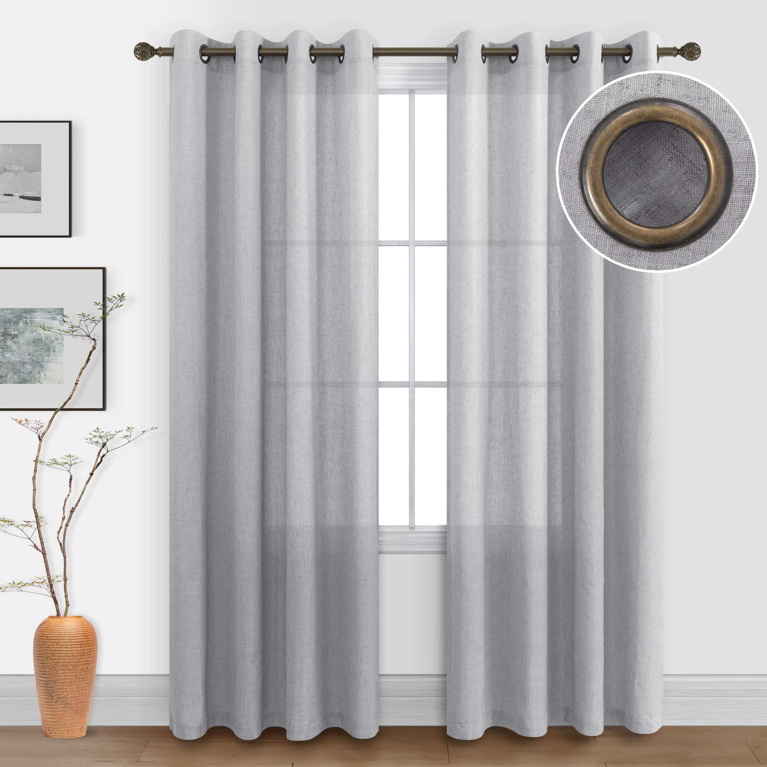 KOUFALL Linen Curtains for Living Room, Bronze Grommet, Semi Sheer Light Filtering Curtains, Neutral Cream Farmhouse Curtain Drapes 84 Inches Long 2 Panels Set