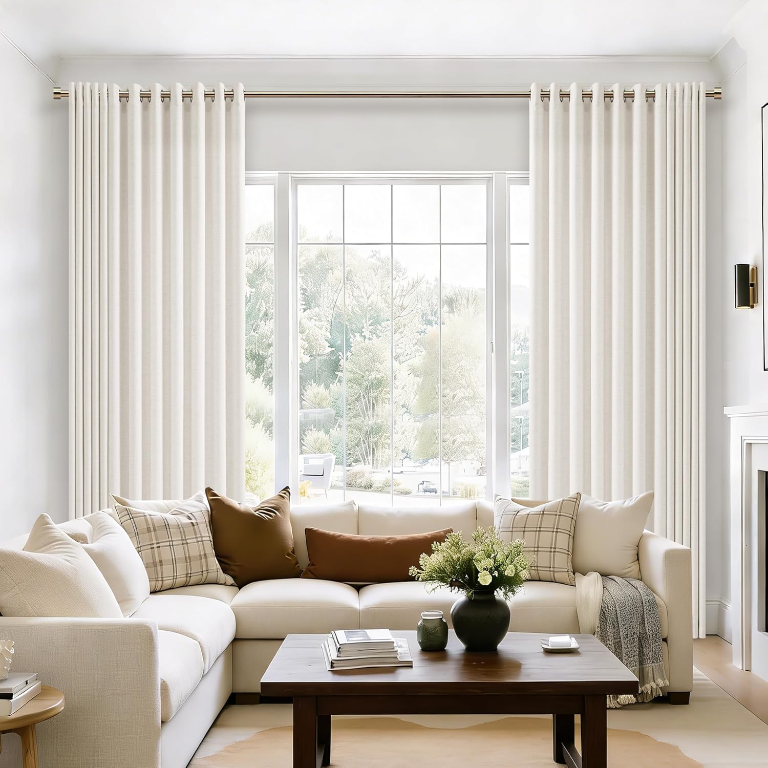 Natural Linen Curtains 96 Inches Long 2 Panels Bronze Grommet Curtain Burlap Ivory Cream Colored Light Filtering Semi Sheer Drapes Thick Linen Blend Floor to Ceiling Length Living Room 8ft