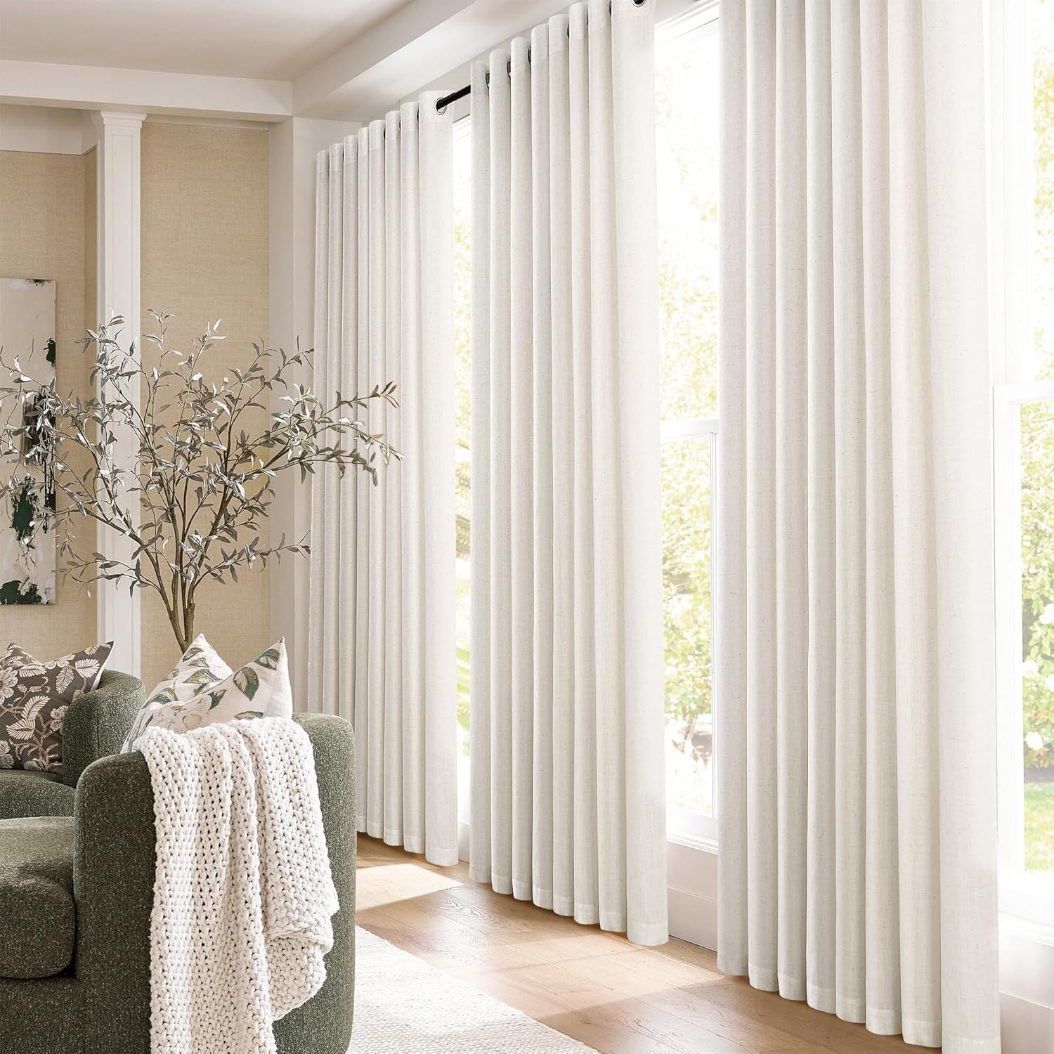 Natural Cream Linen Curtains 84 Inch Length 2 Panels for Living Room Bedroom, Light Filtering Sheer Curtains 84 Inches, Modern Farmhouse Grommet Semi Sheer Soft Privacy Drapes