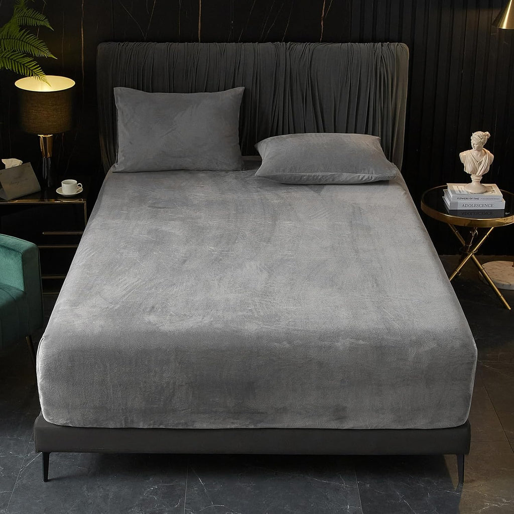 Ivellow Velvet Fitted Sheet Queen Size, 1 Pack Luxury Flannel Bed Sheets with 18” Extra Deep Pocket Queen Fitted Sheet Only Extra Soft Cozy Comfy Warmth Plush Grey Velvet Bottom Sheets No Pillowcases