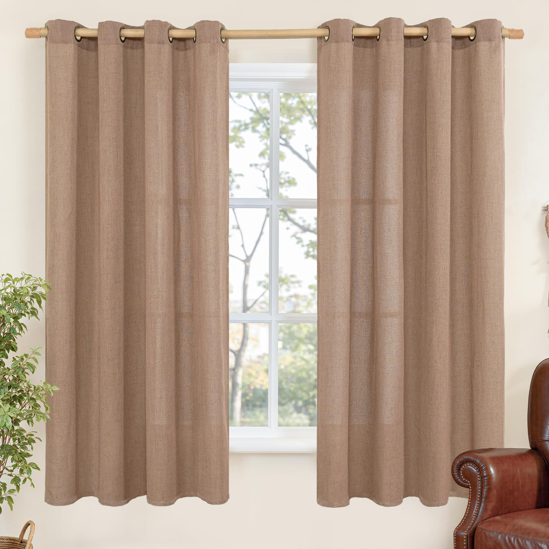 YoungsTex Linen Semi Sheer Curtains 63 Inch Length 2 Panels for Living Room - Light Filtering Drapes with Bronze Grommet Beige Window Treatments for Country Office Bedroom, 52 X 63 Inch