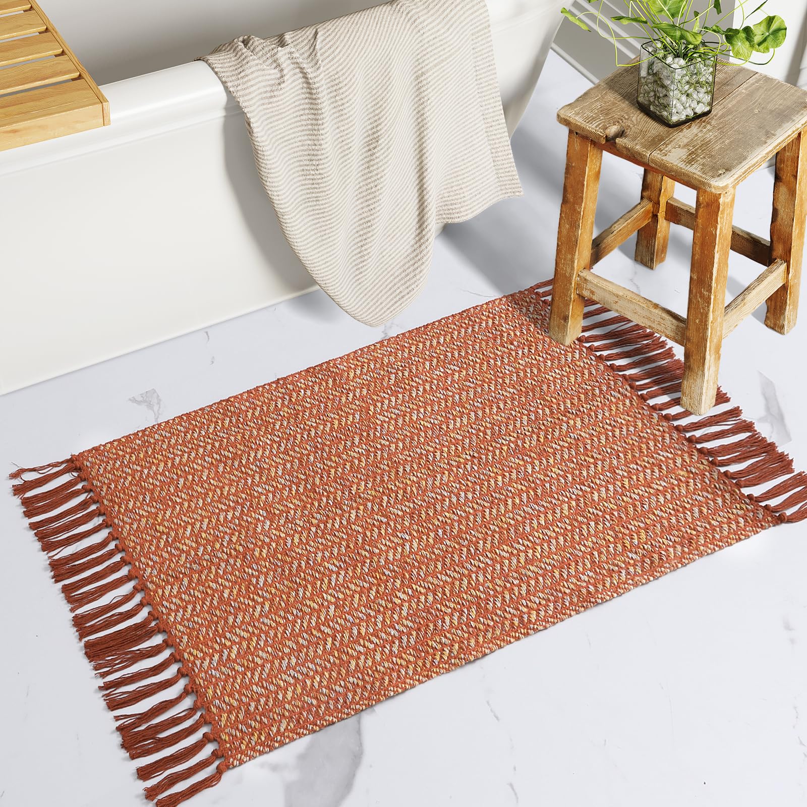 Lahome Belle Boho Hallway Runner Rug, 2x6 Laundry Room Lightweight Entry Woven Cotton Throw Mat with Tassels, Farmhouse Non Shedding Washable Black Low Pile Runner for Kitchen Bathroom