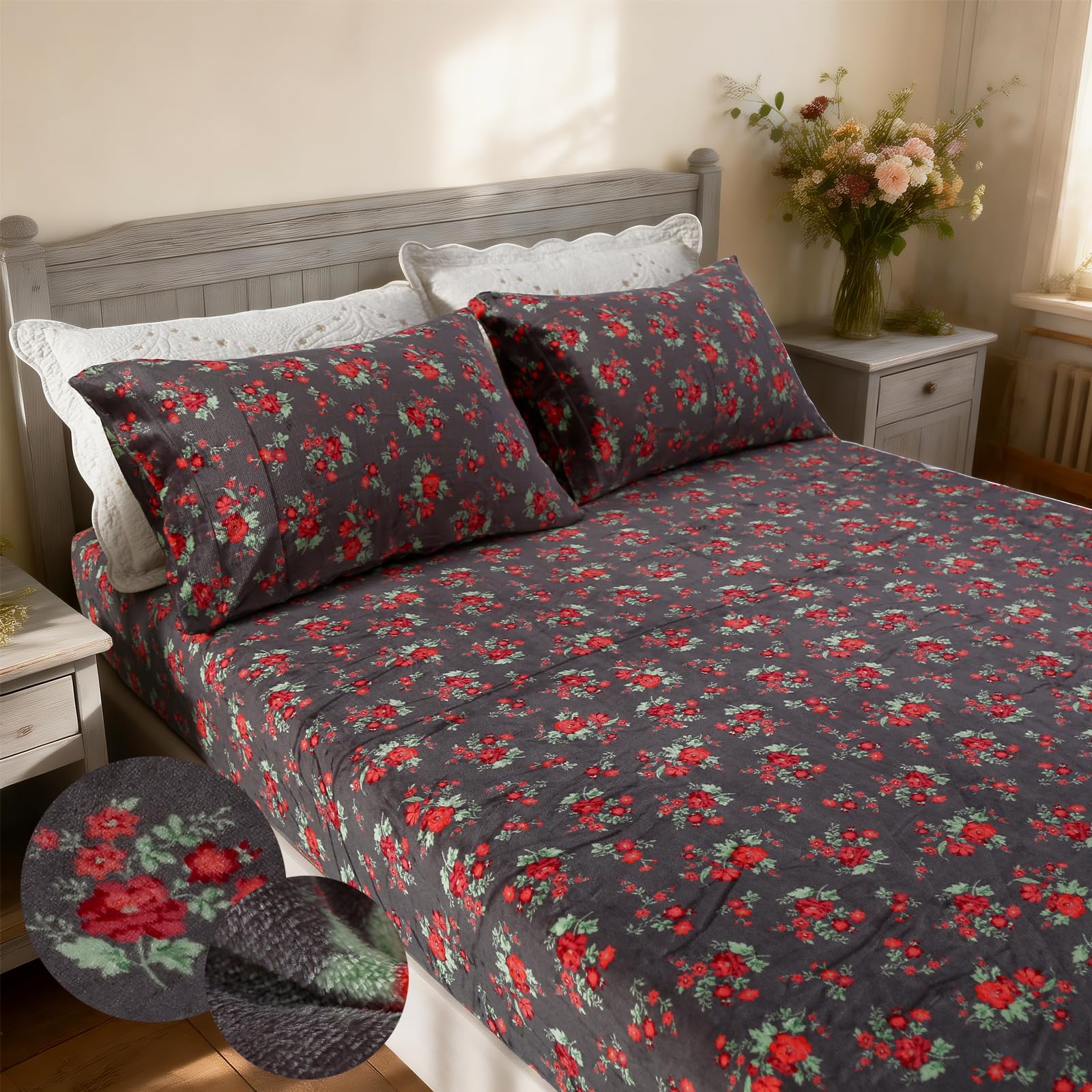 MAG 3Pcs Fleece Fitted Sheet Full Size with Brown Floral Pattern, Super Cute Fluffy Warm Flower Print Decor Bottom Sheets for Women Girls,included1*Fitted Sheet and 2*Pillowcases.