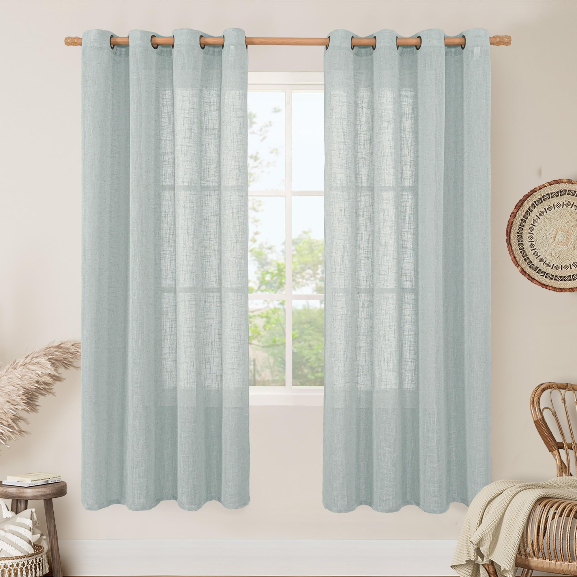 LAMIT Natural Ivory Linen Semi Sheer Curtains 84 inch Length, Cream Light Filtering Soft Thick Neutral Living Room Drapes with Bronze Grommet for Bedroom/Farmhouse, 2 Panels, 52 x 84 Inch