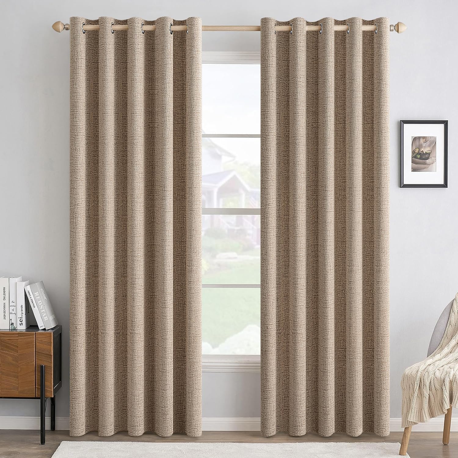 MIULEE 100% Blackout Linen Textured Curtains for Bedroom Solid Thermal Insulated Cream Grommet Room Darkening Curtains & Drapes Luxury Decor for Living Room Nursery 52 x 84 Inch (2 Panels)