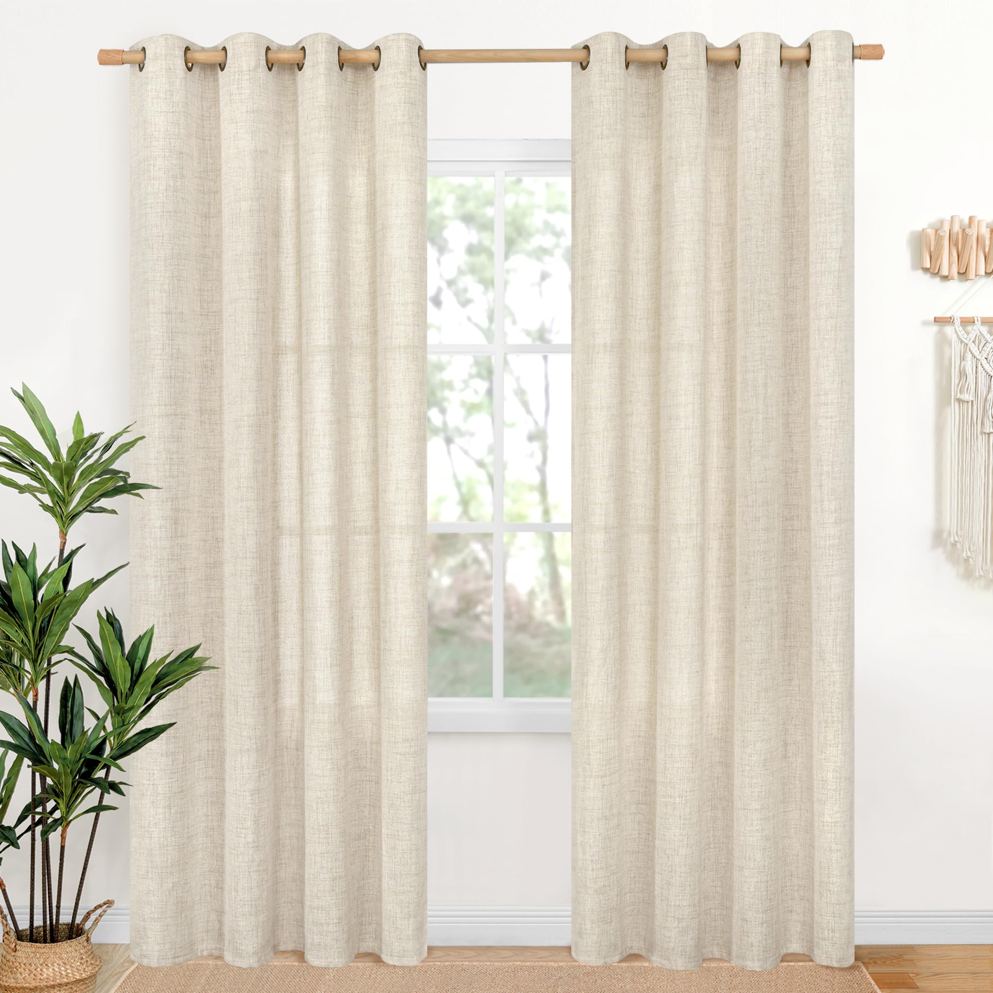 YoungsTex Linen Semi Sheer Curtains 63 Inch Length 2 Panels for Living Room - Light Filtering Drapes with Bronze Grommet Beige Window Treatments for Country Office Bedroom, 52 X 63 Inch