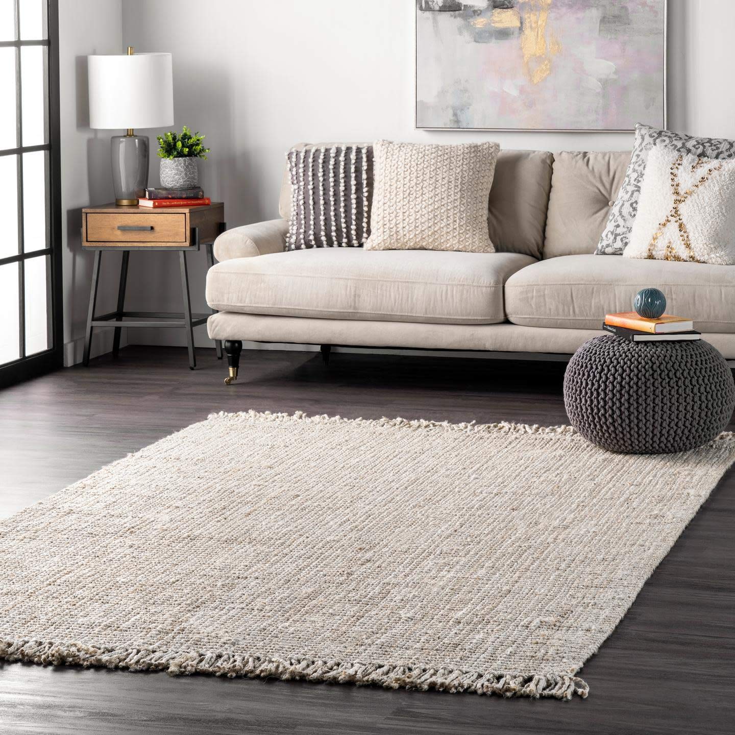 nuLOOM 5x8 Daniela Jute Tassel Hand Woven Area Rug, Off White, Solid Chunky Farmhouse Design, Natural Fiber, For Bedroom, Dining Room, Living Room, Hallway, Office, Entryway