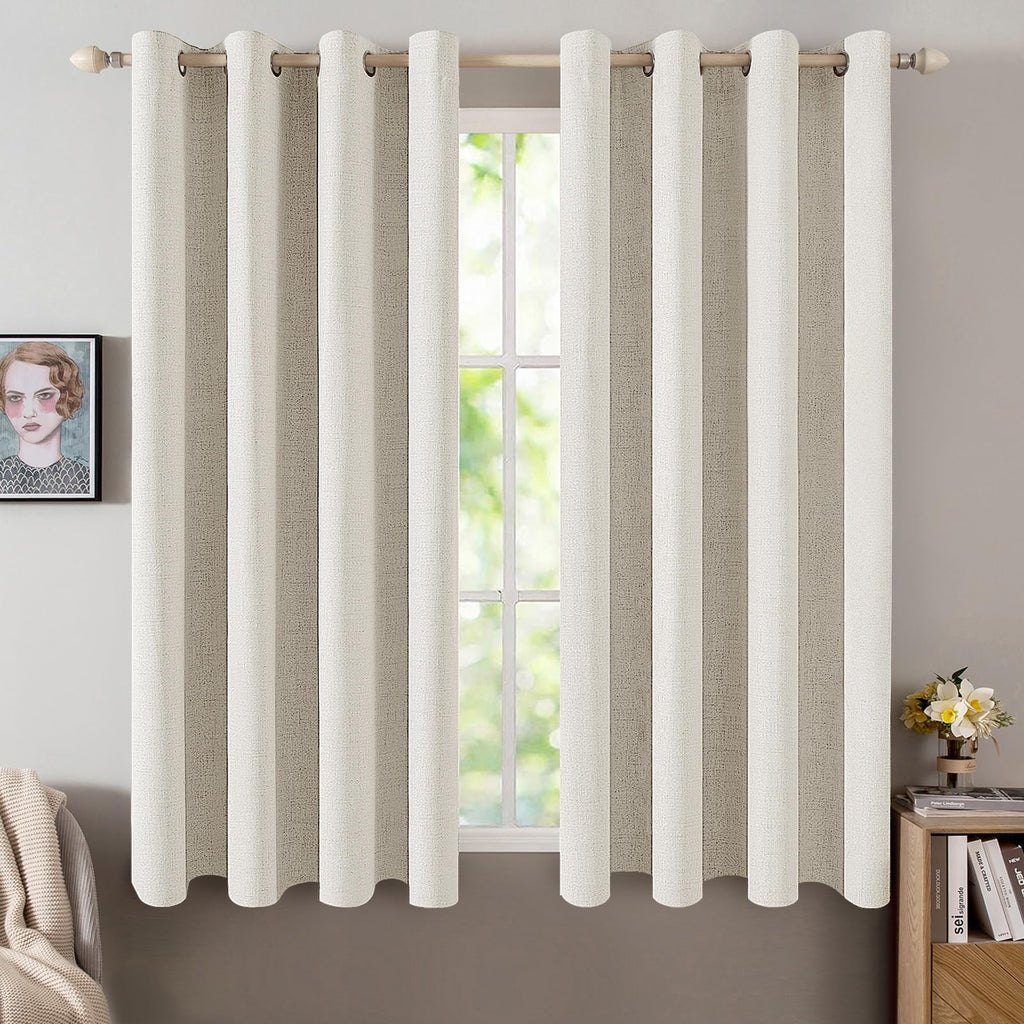 MIULEE 100% Blackout Linen Textured Curtains for Bedroom Solid Thermal Insulated Cream Grommet Room Darkening Curtains & Drapes Luxury Decor for Living Room Nursery 52 x 84 Inch (2 Panels)