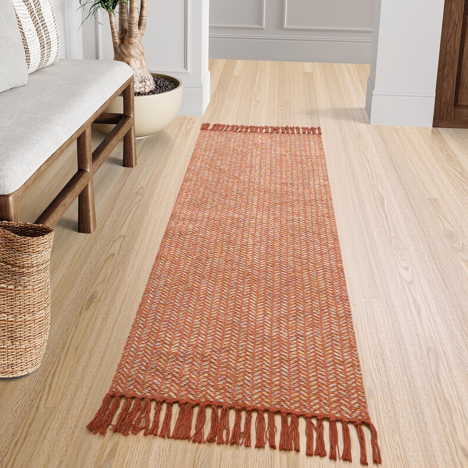 Lahome Belle Boho Hallway Runner Rug, 2x6 Laundry Room Lightweight Entry Woven Cotton Throw Mat with Tassels, Farmhouse Non Shedding Washable Black Low Pile Runner for Kitchen Bathroom