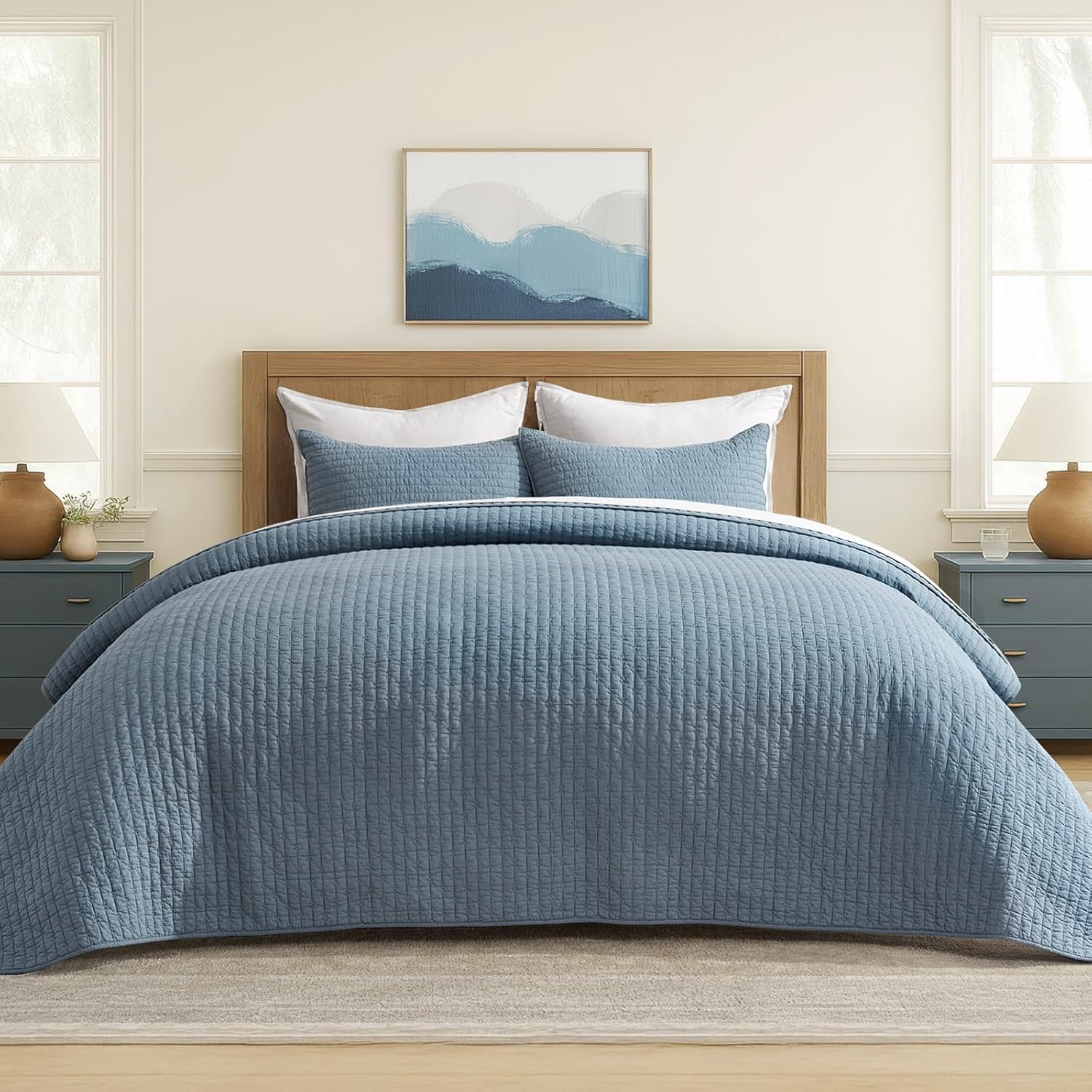 EVERGRACE Cotton Border Frame Tack-Stitch Quilt Bedding Set King Size, Coastal Oversized 3 Pieces Lightweight Bedspread Coverlet for All Season, with 2 Matching Shams, Blue Linen | Pick-Stitch Channel, Border Frame, Pre Washed, Oeko-Tex Certified, 100% Co