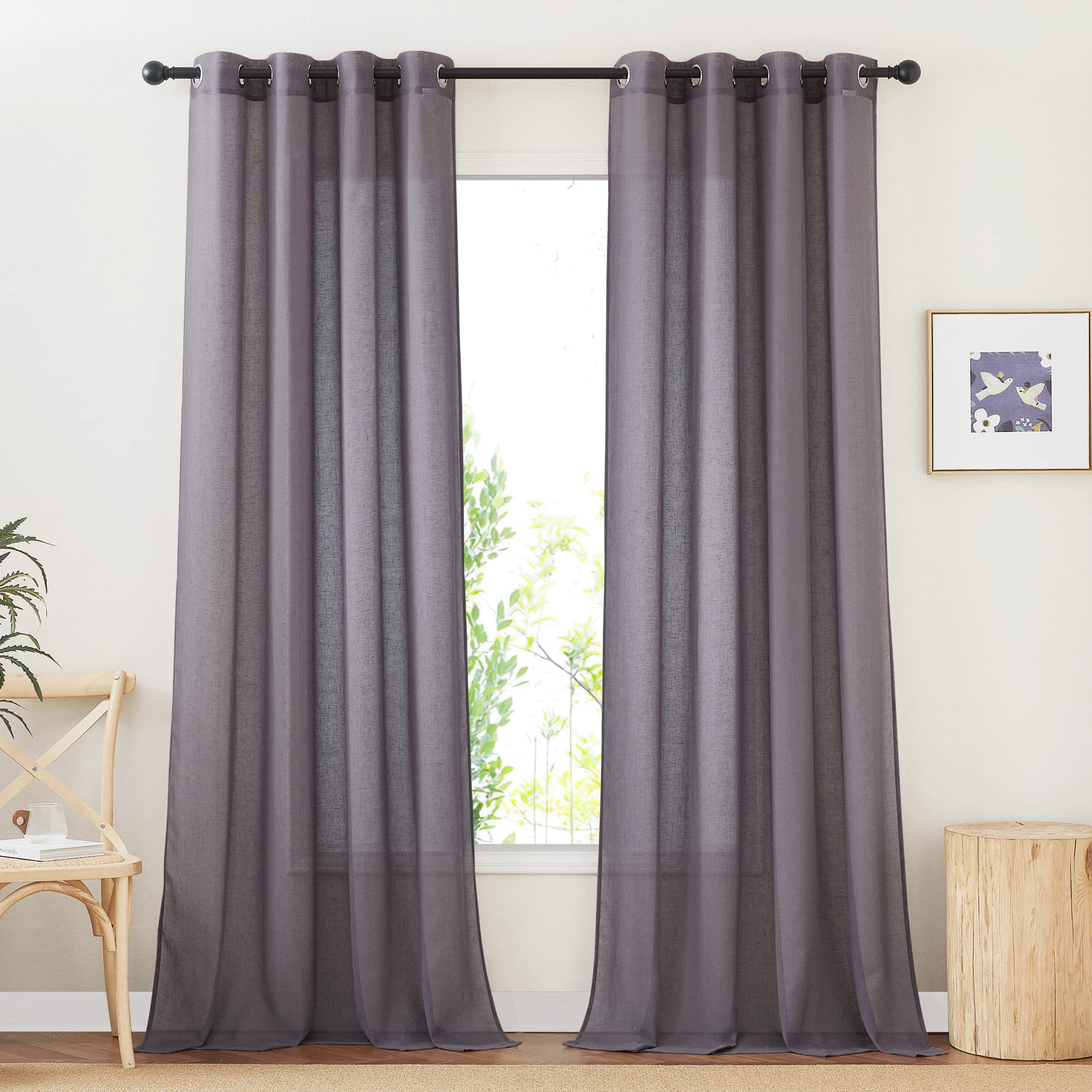 NICETOWN Semi Sheer Linen Curtains for Bedroom 84 inches Long, Grommet Privacy Vertical Farmhouse Window with Light Filtering for Living Room, Natural, W52 x L84, 2 Pieces