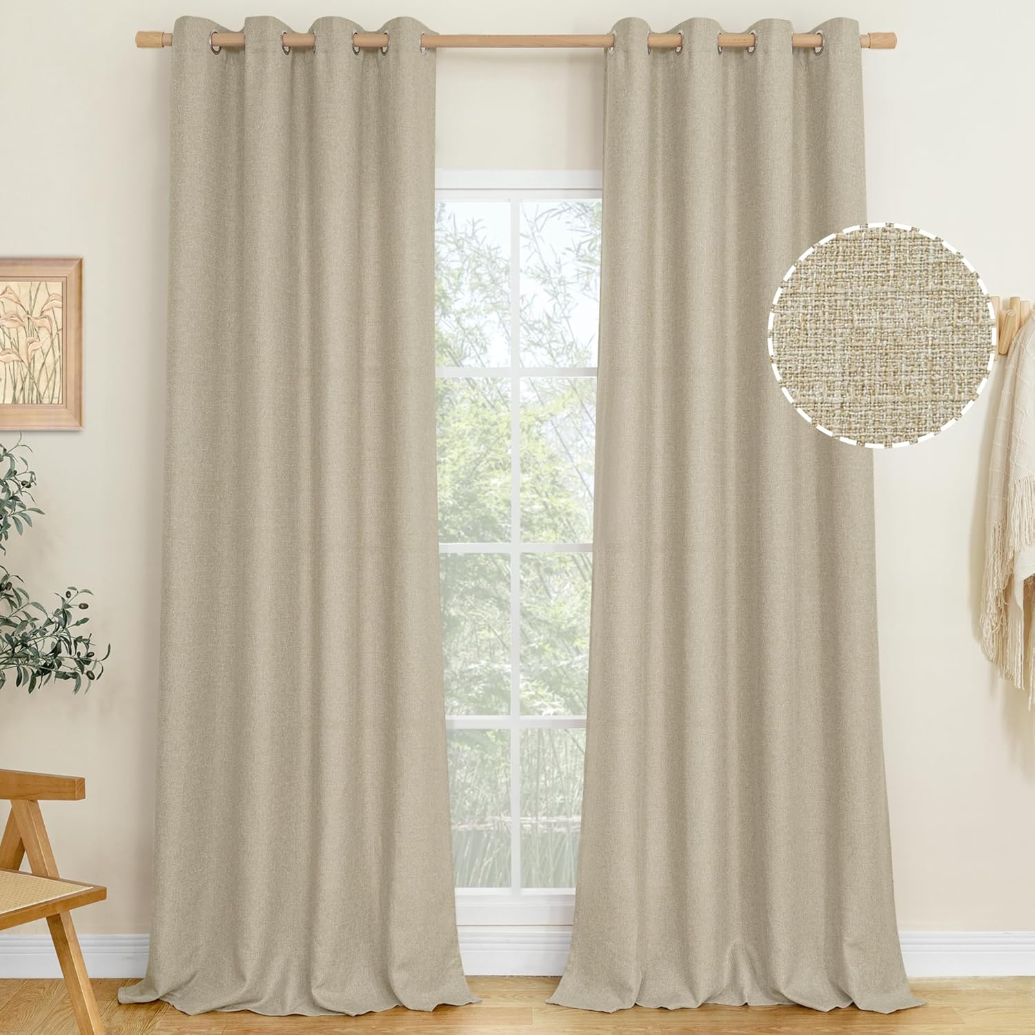 LAMIT Linen Curtains 84 inch Length 2 Panels, Grommet Thick Soft Light Filtering Curtains Privacy Living Room Window Drapes for Bedroom/Farmhouse, W52 x L84, Natural Beige