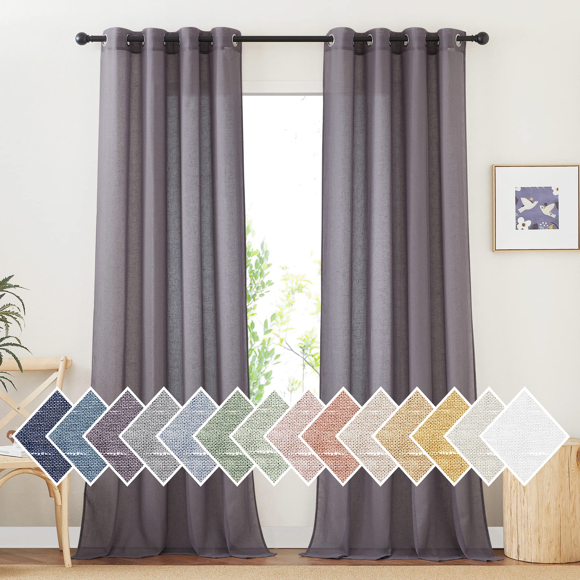 NICETOWN Semi Sheer Linen Curtains for Bedroom 84 inches Long, Grommet Privacy Vertical Farmhouse Window with Light Filtering for Living Room, Natural, W52 x L84, 2 Pieces