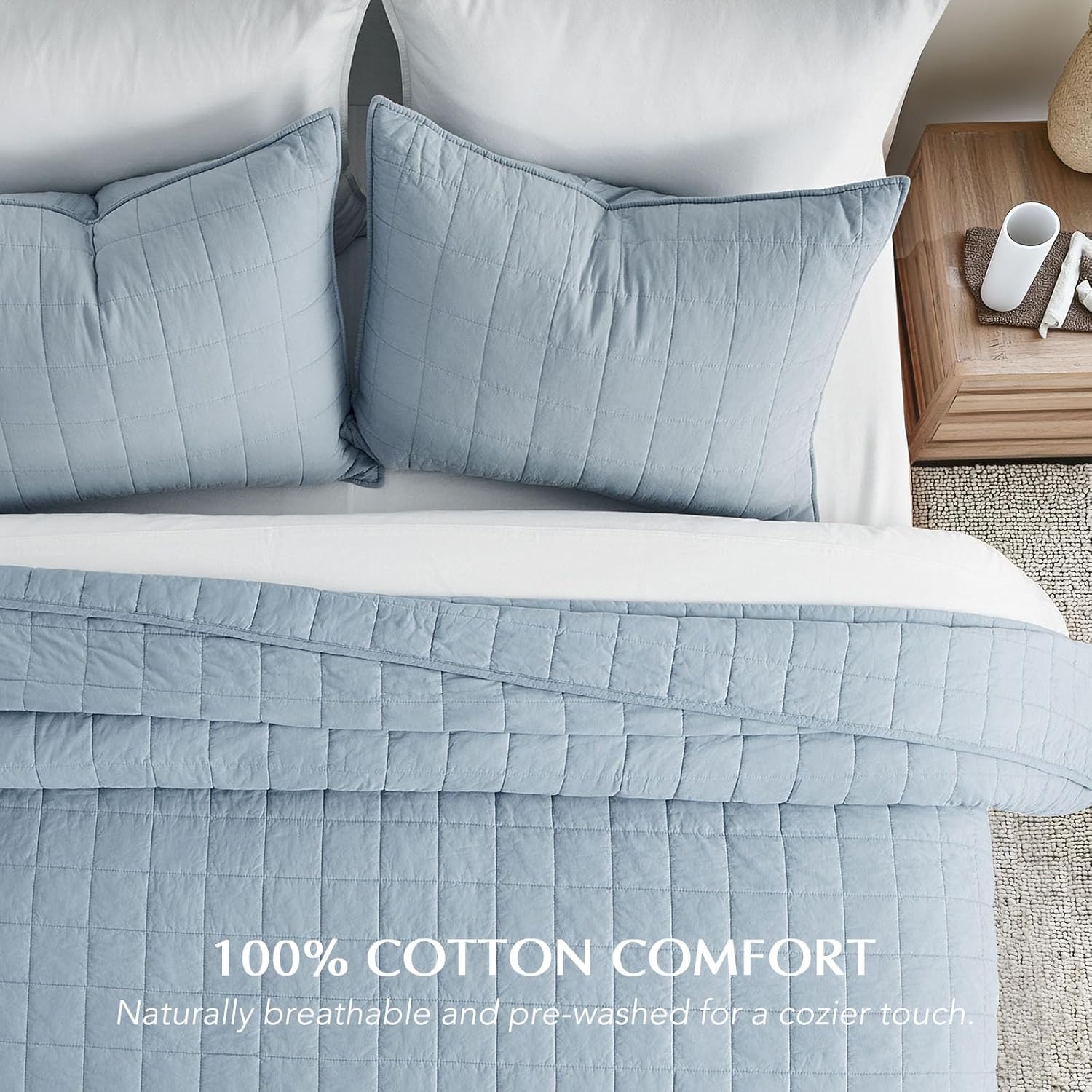EVERGRACEHOME 100% Cotton Box Stitch Quilt Bedding Set Queen Size 3 Pieces, Garment-Washed Lightweight Soft Cozy Coverlet, Quilted Bedspread Sets with 2 Shams for All Season, Blue Linen | Box Stitch Design, 100% Cotton, Soft, Oversized, Pre Washed, Oeko-T