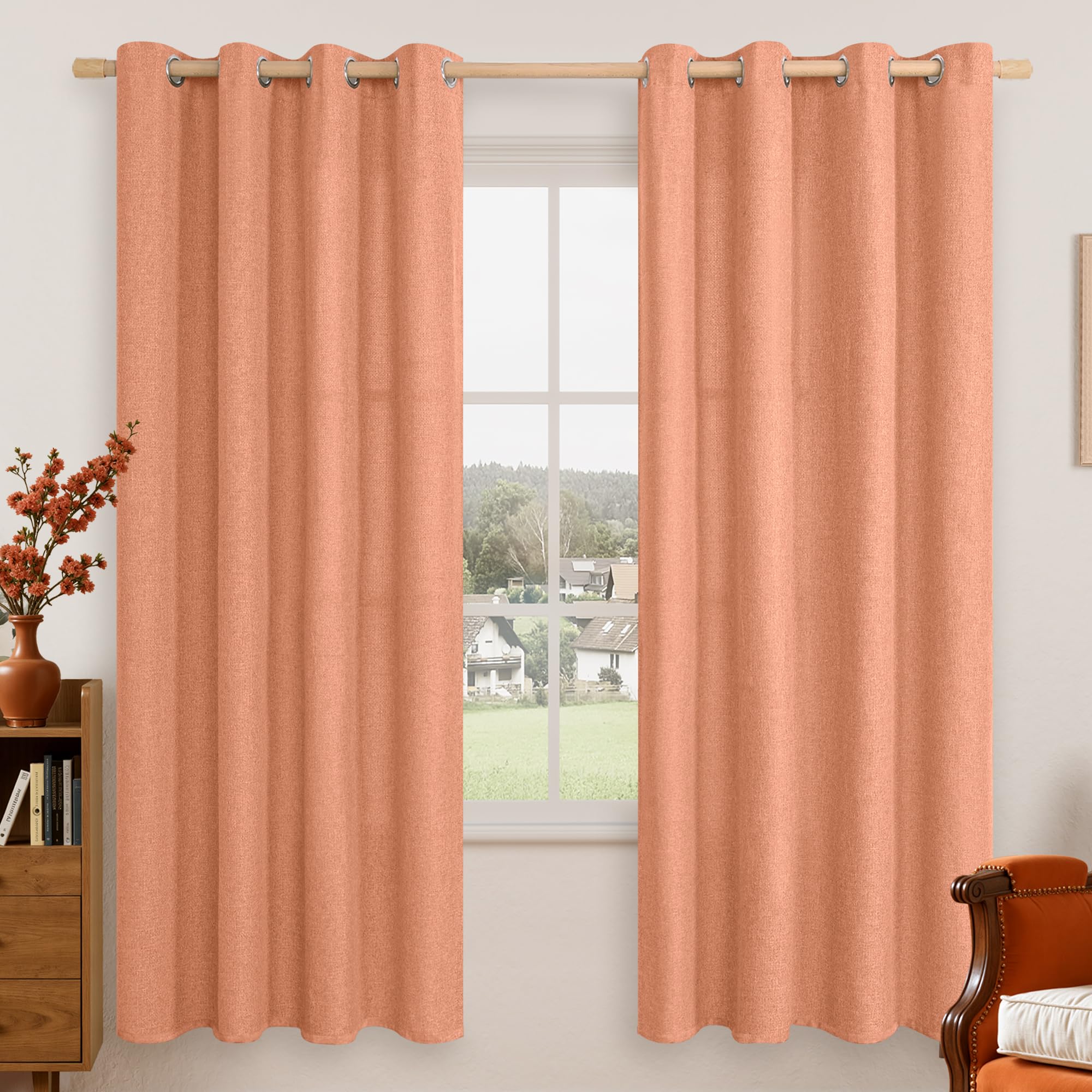 LAMIT Linen Curtains 84 inch Length 2 Panels, Grommet Thick Soft Light Filtering Curtains Privacy Living Room Window Drapes for Bedroom/Farmhouse, W52 x L84, Natural Beige