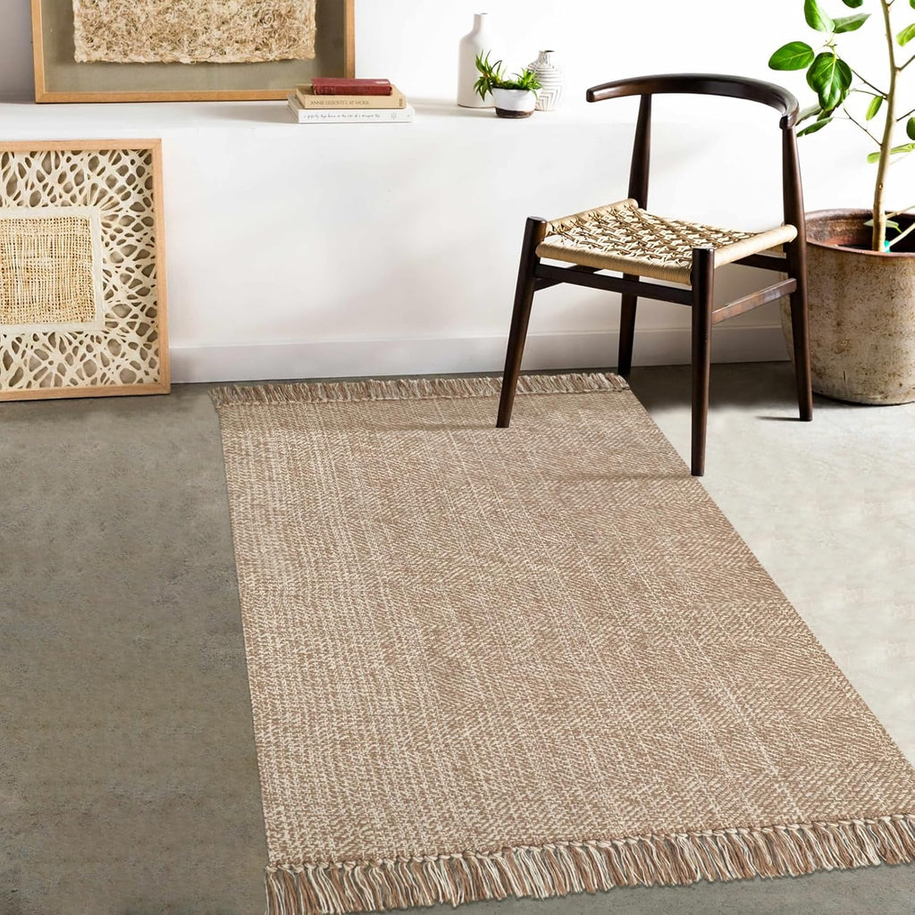 Collive Washable Area Rug 3' x 5', Modern Farmhouse Woven Kitchen Rugs, Tan/Cream Indoor Outddor Mat Braided Throw Carpet for Entryway Bedroom Nursery Laundry Living Room