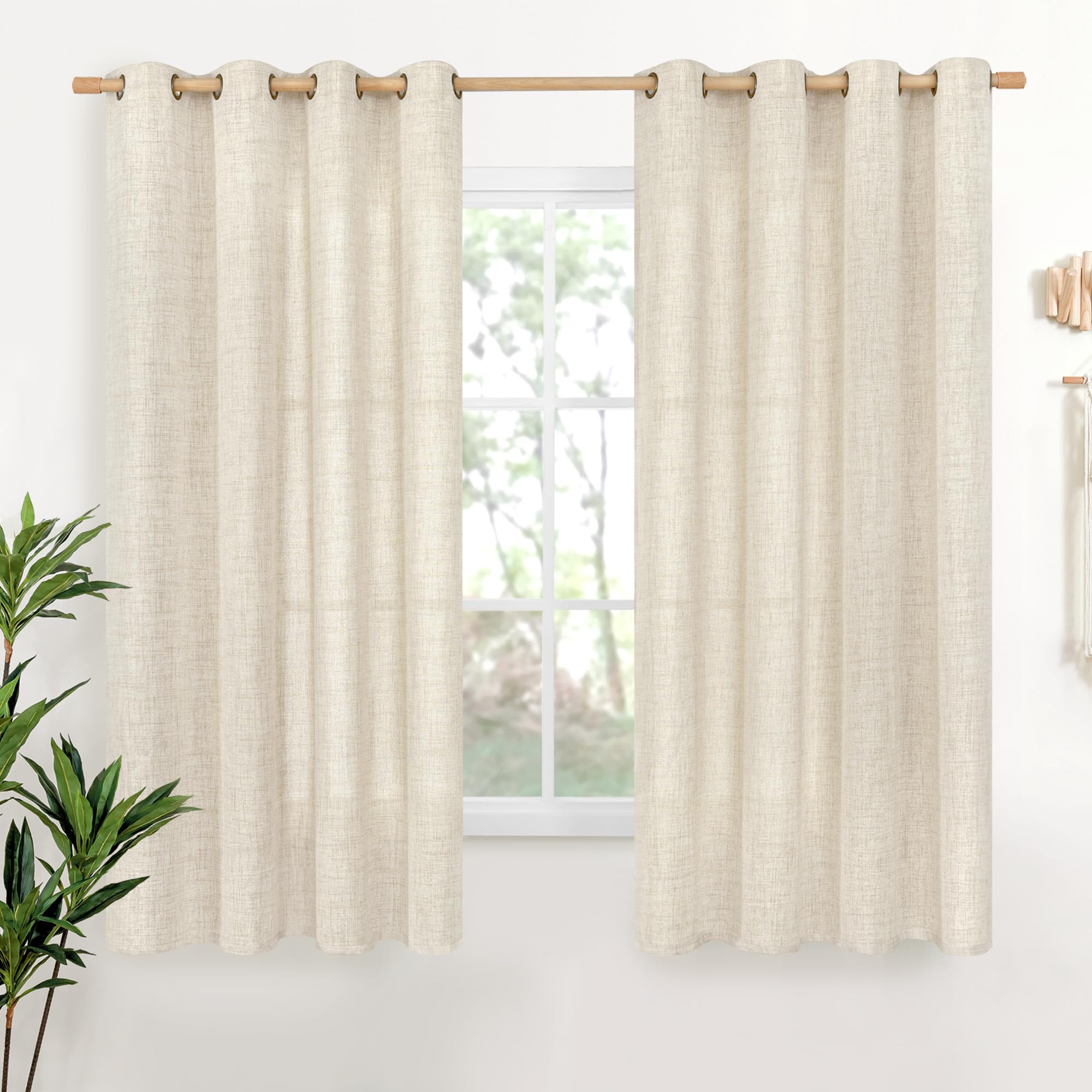 YoungsTex Linen Semi Sheer Curtains 63 Inch Length 2 Panels for Living Room - Light Filtering Drapes with Bronze Grommet Beige Window Treatments for Country Office Bedroom, 52 X 63 Inch