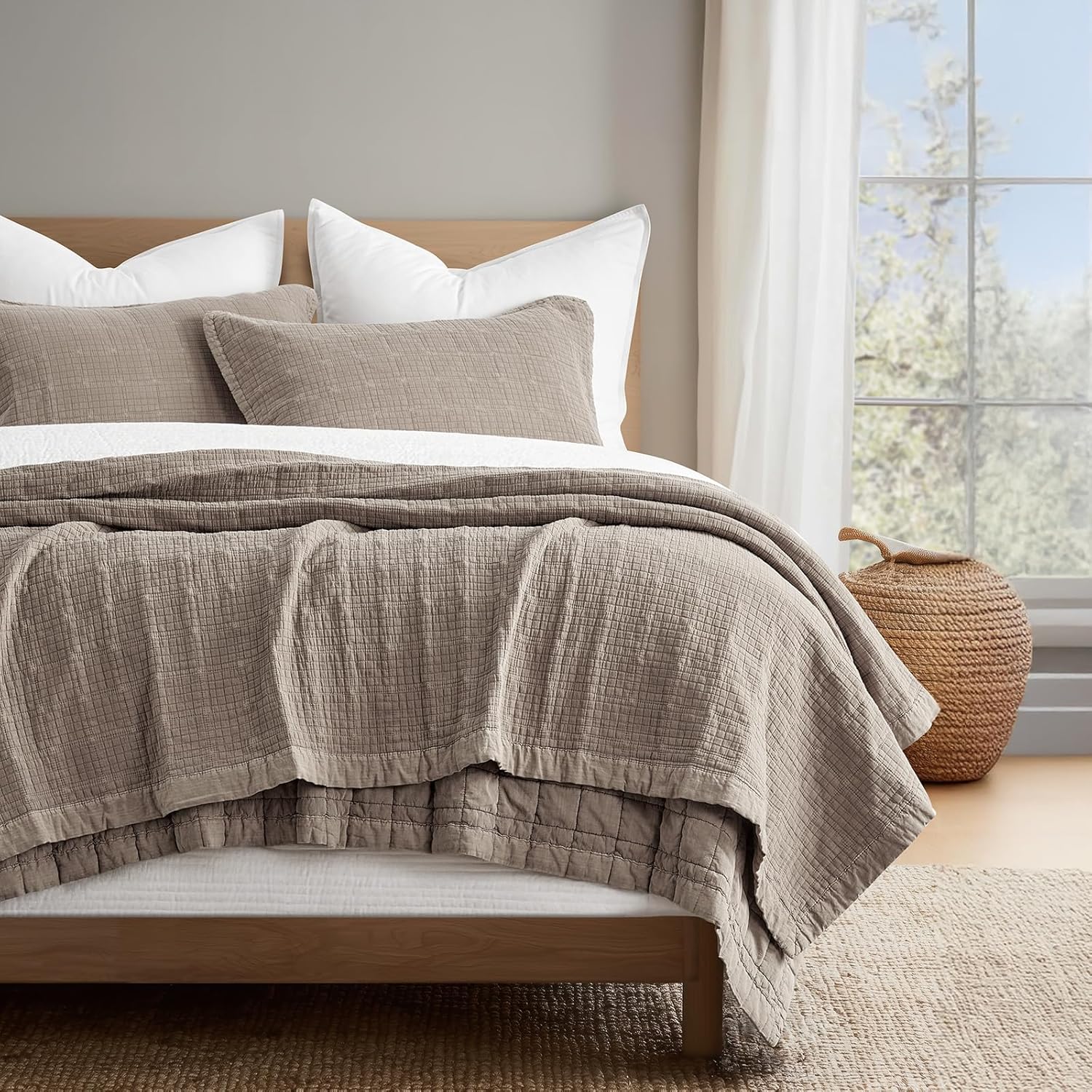EVERGRACEHOME Stonewashed Cotton Quilt Set King Size, Ultra Soft Oversized Bedspread Coverlet Set, Lightweight Crinkle Box Stitch Bedding Sets for All Season, with 2 Shams, Mocha Brown