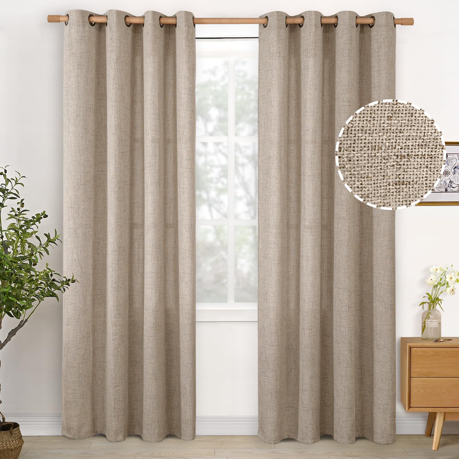 YoungsTex Linen Semi Sheer Curtains 63 Inch Length 2 Panels for Living Room - Light Filtering Drapes with Bronze Grommet Beige Window Treatments for Country Office Bedroom, 52 X 63 Inch
