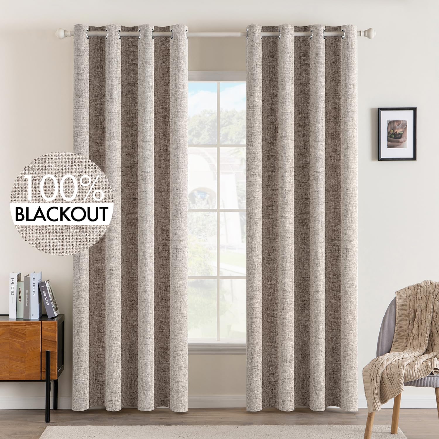 MIULEE 100% Blackout Linen Textured Curtains for Bedroom Solid Thermal Insulated Natural Beige Grommet Room Darkening Curtains & Drapes Luxury Decor for Living Room Nursery 52 x 96 Inch (2 Panels)
